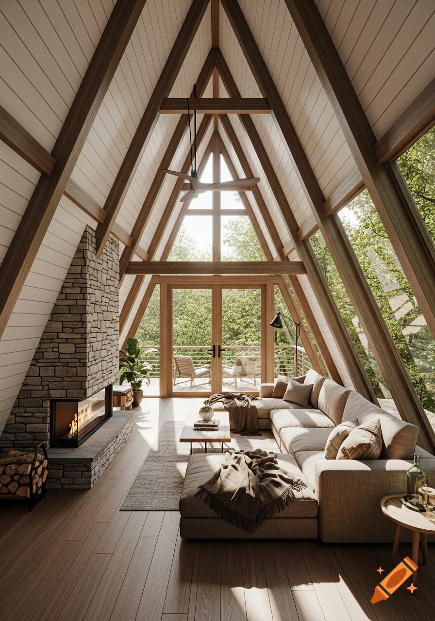 Photorealistic modern A-frame living room with a stone fireplace, sectional sofa, and large windows overlooking a lush forest.