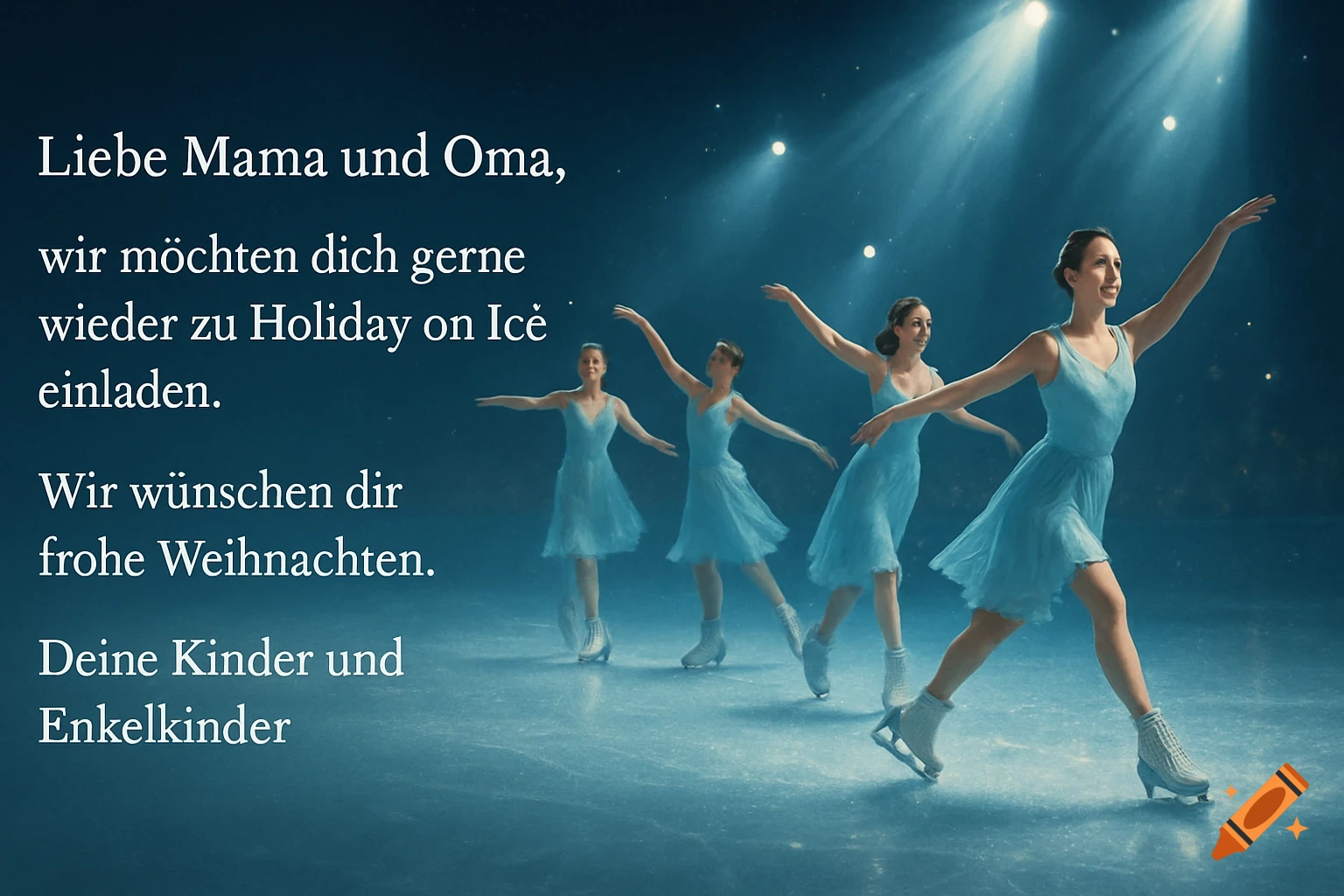 Four female figure skaters in light blue dresses perform on a spotlighted ice rink, with a German Christmas greeting card message.