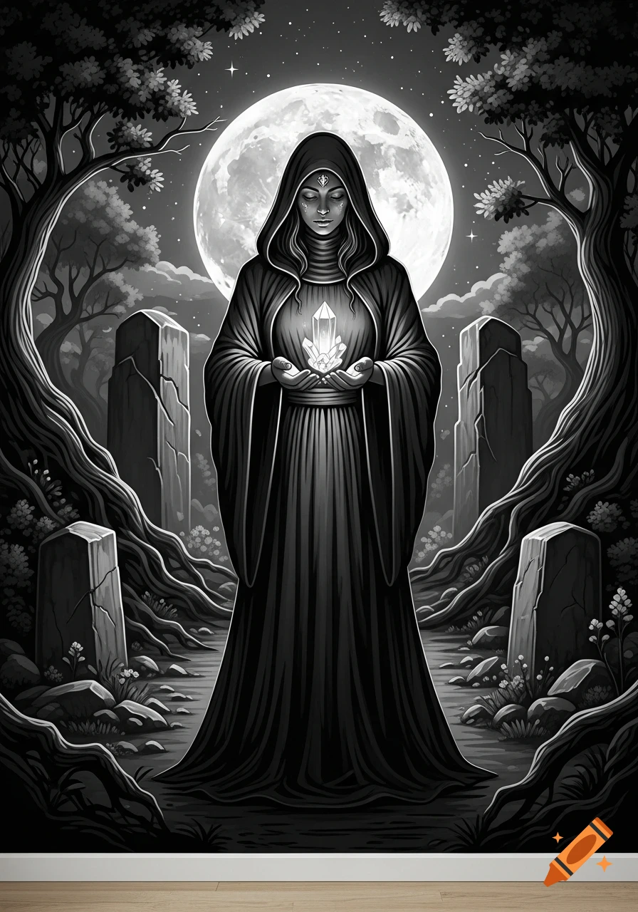 A hooded priestess holds a glowing crystal in a dark, moonlit forest with ancient stones, in a black and white illustration.