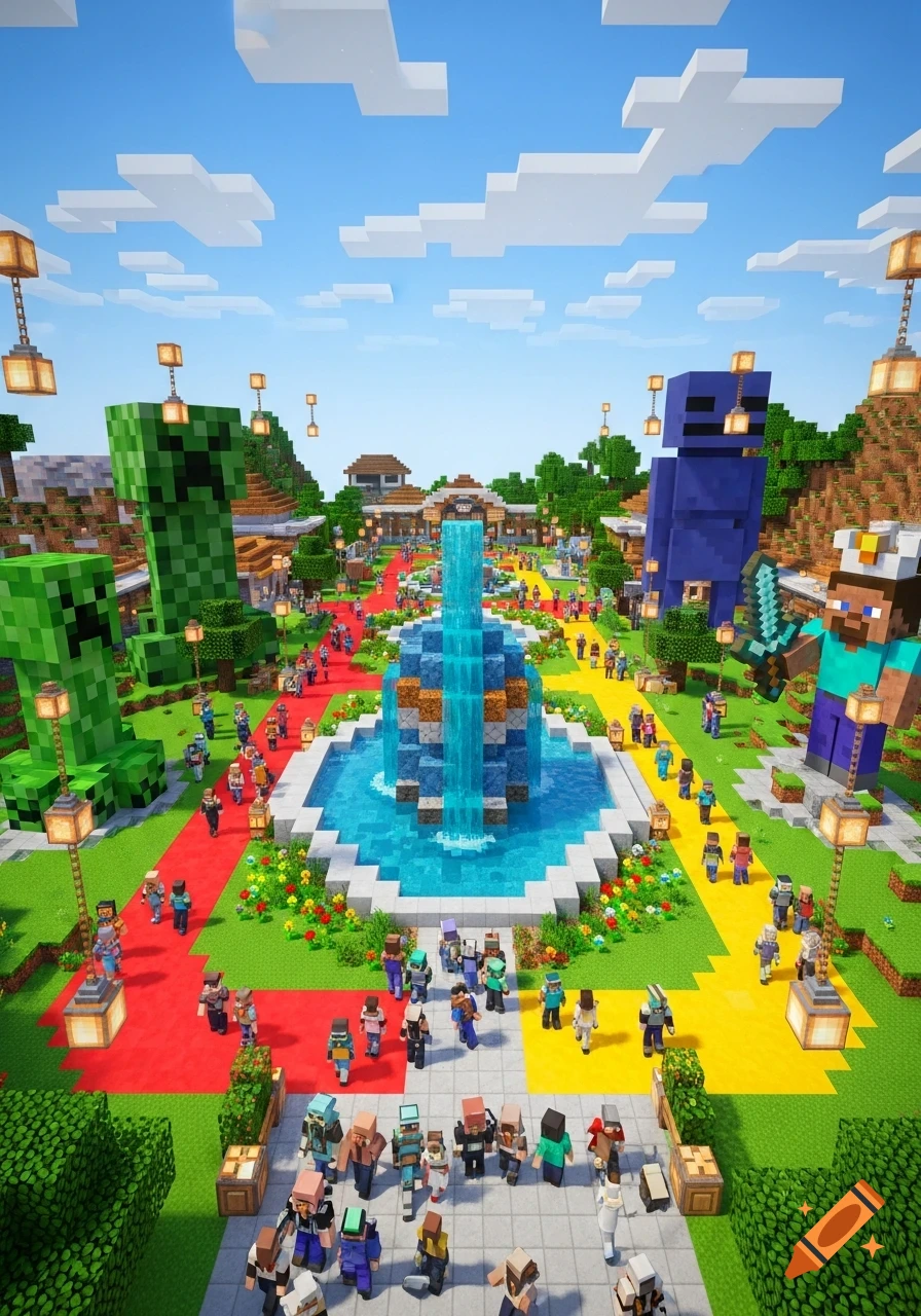 A vibrant Minecraft theme park lobby featuring a large central fountain, giant Creeper and Steve statues, and numerous blocky characters on colorful paths.