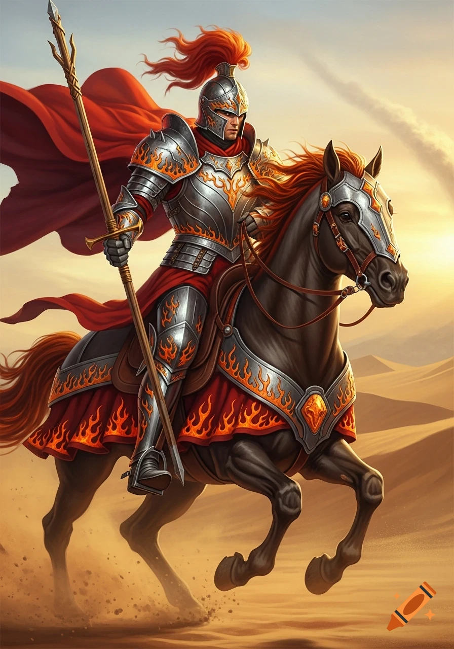 A knight in flame-patterned silver armor and a red cape rides a dark horse through a golden desert, holding a spear.