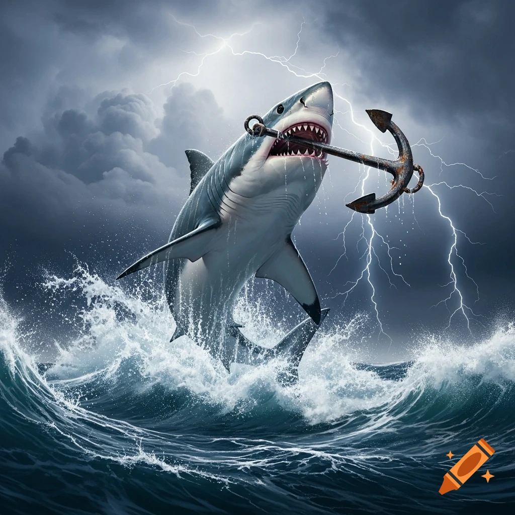 A powerful great white shark leaps from stormy ocean waves, holding a rusty anchor in its mouth under a lightning-filled sky.
