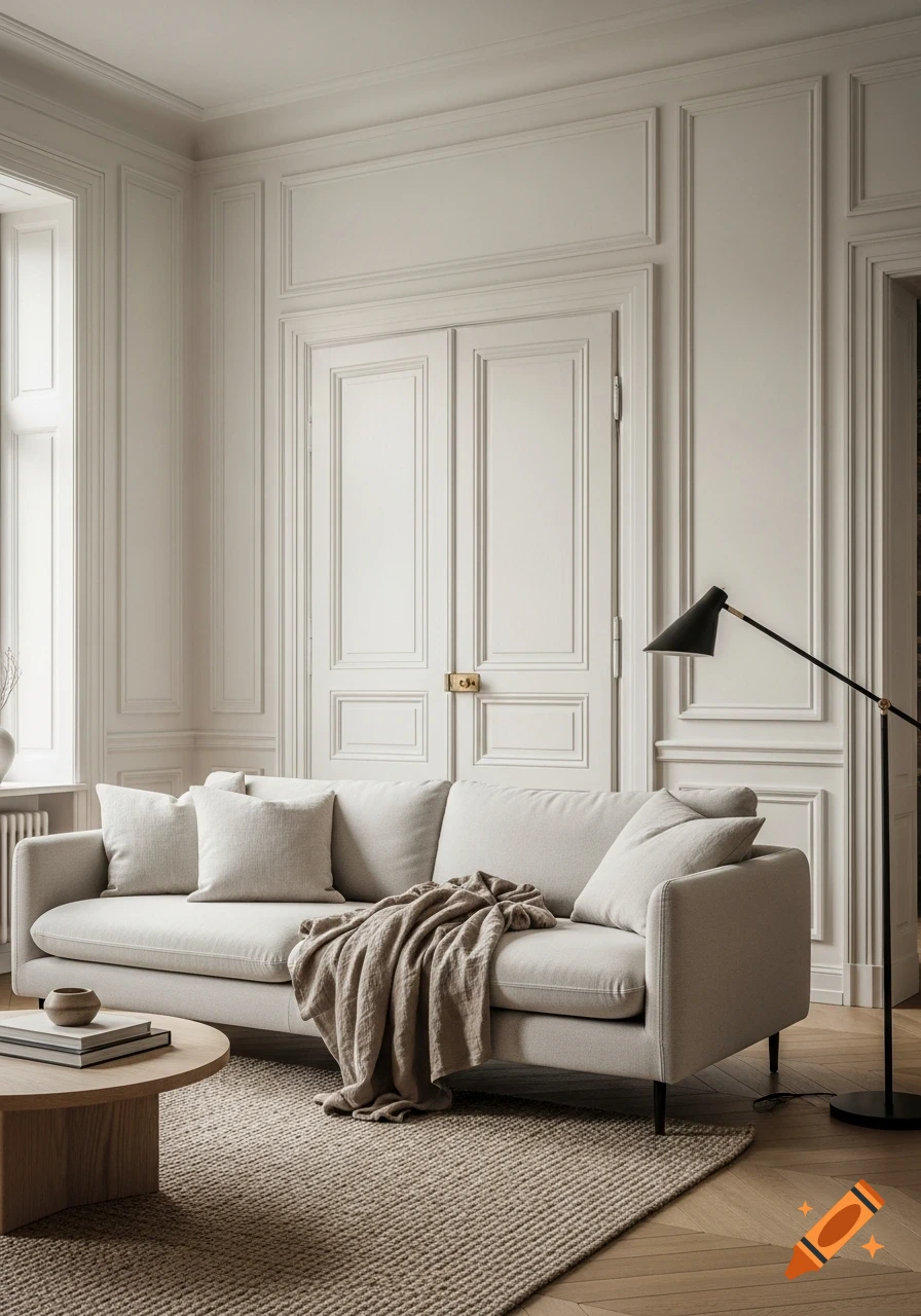 Elegant natural chic living room with a white sofa, linen throw, wood coffee table, floor lamp, and classic wall paneling. Photorealistic.