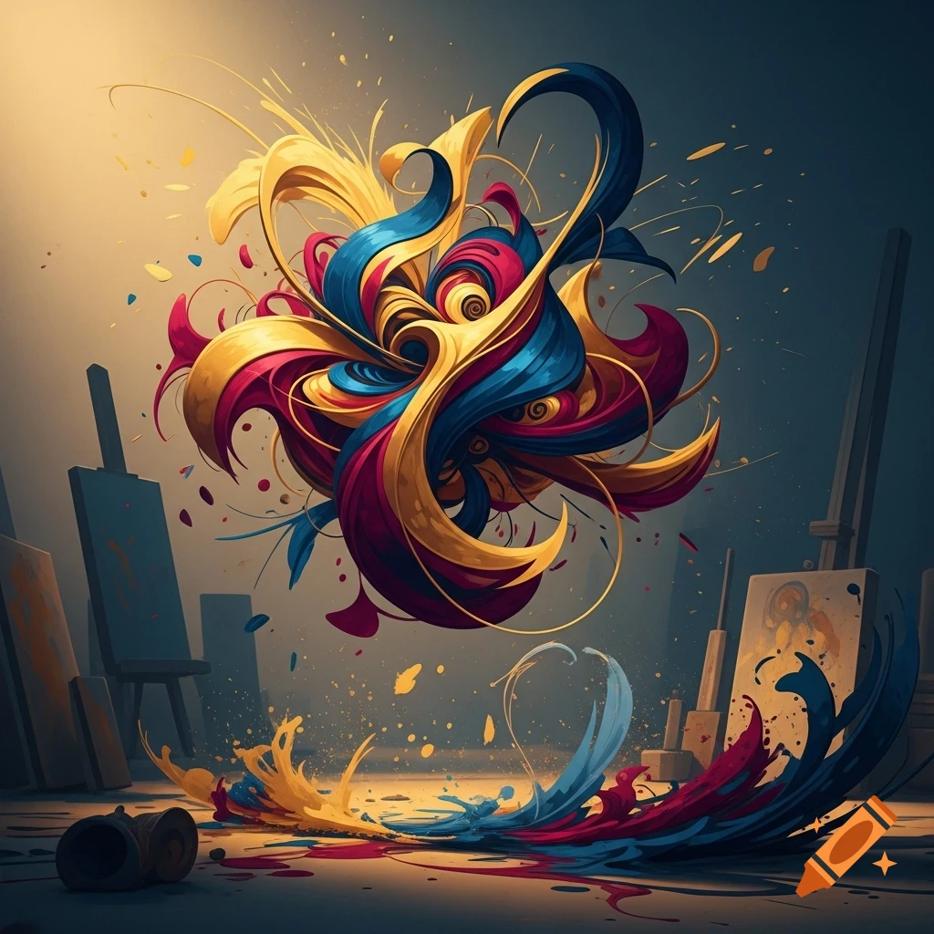 Vibrant abstract art featuring swirling gold, blue, and magenta paint forms exploding above an art studio, with splatters on the floor and easels.