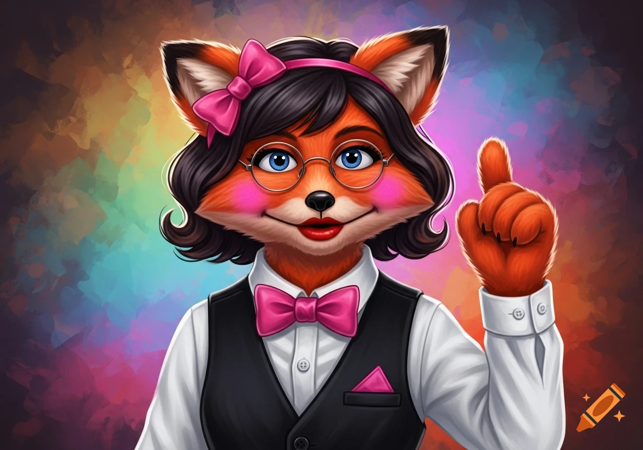 Cartoon anthropomorphic fox wearing glasses, a pink bow, a white shirt, black vest, and pink bow tie, pointing upwards.