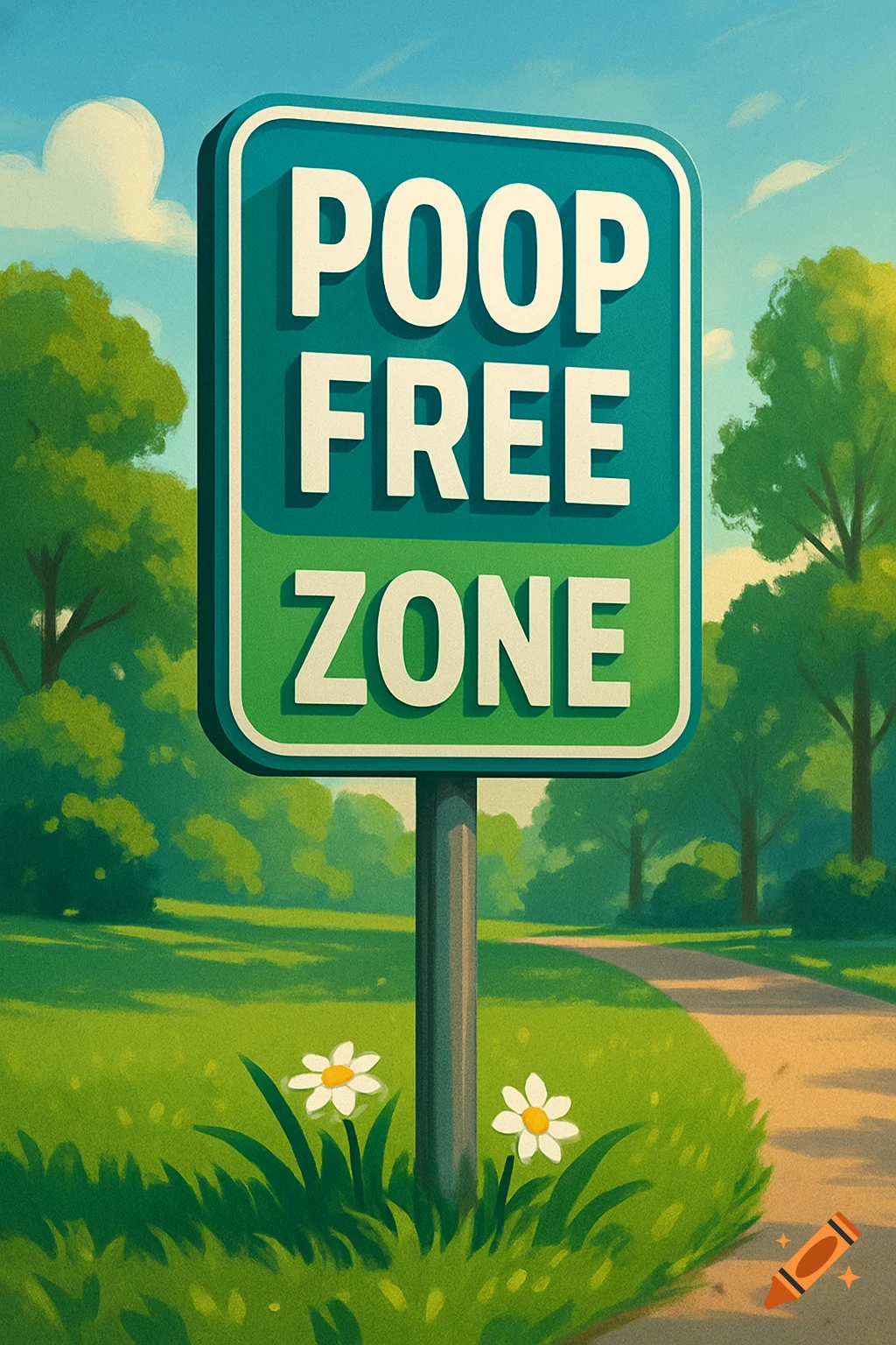 Illustration of a 'POOP FREE ZONE' sign in a lush green park with a pathway and trees under a blue sky.