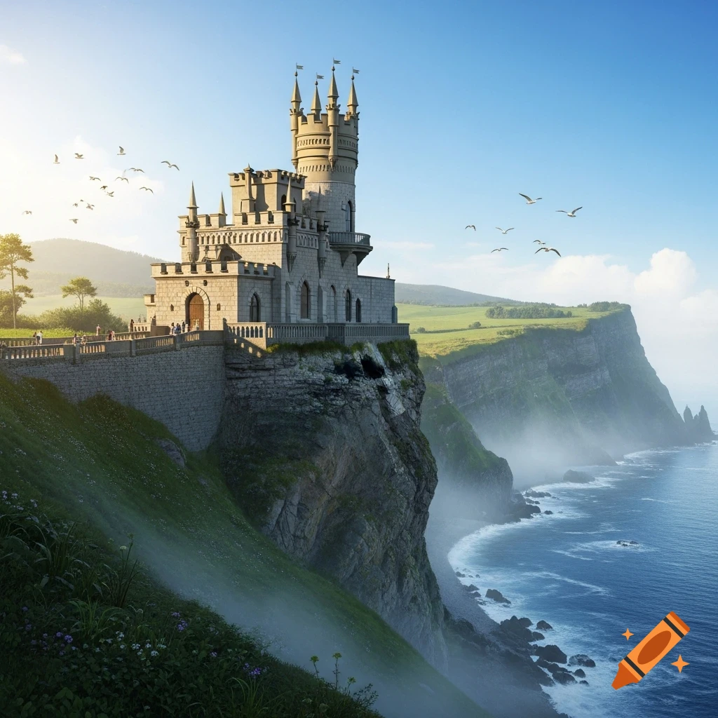A majestic stone castle with multiple turrets stands atop a dramatic, rocky cliff overlooking a misty blue ocean.