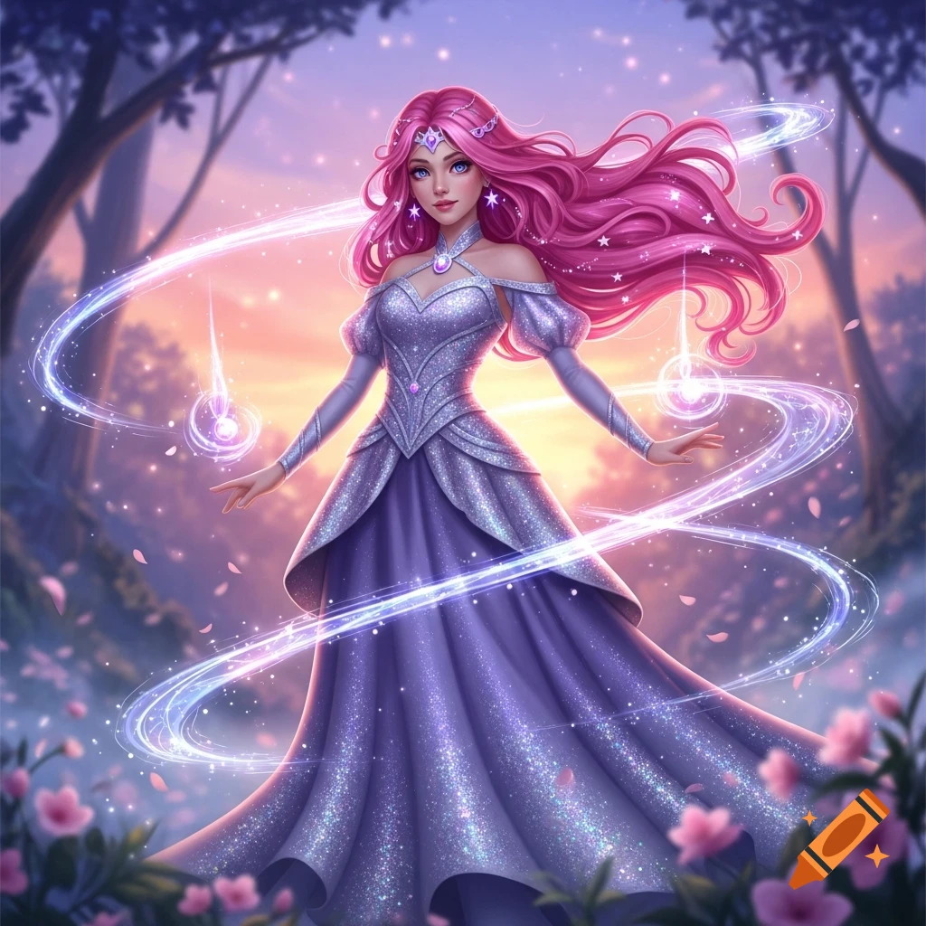 A pink-haired magical girl in a sparkling purple gown, surrounded by glowing magic in a fantasy forest setting.