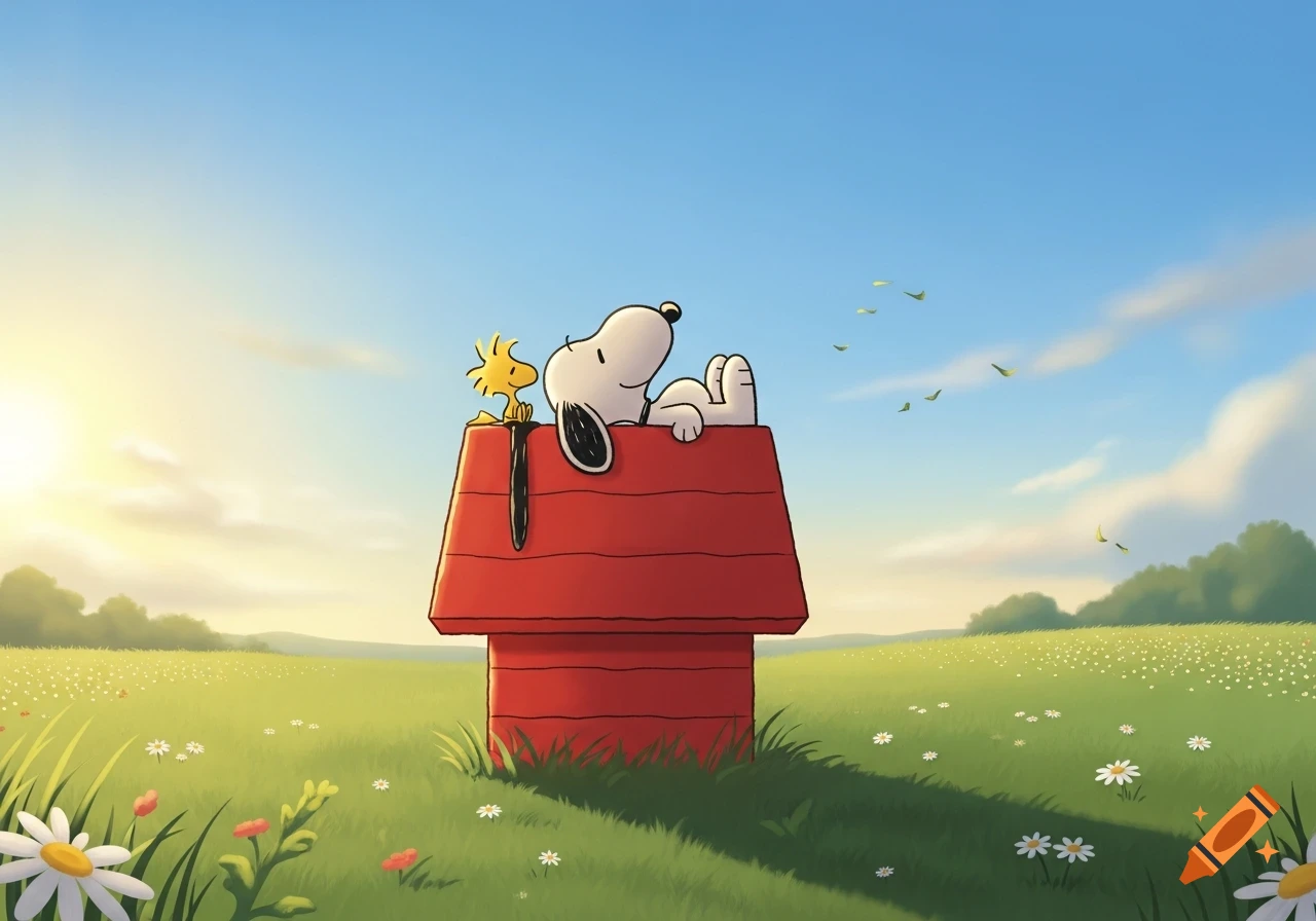 Snoopy relaxed on his red doghouse with Woodstock perched nearby, in a sunny green field with white daisies under a blue sky, in a cartoon style.