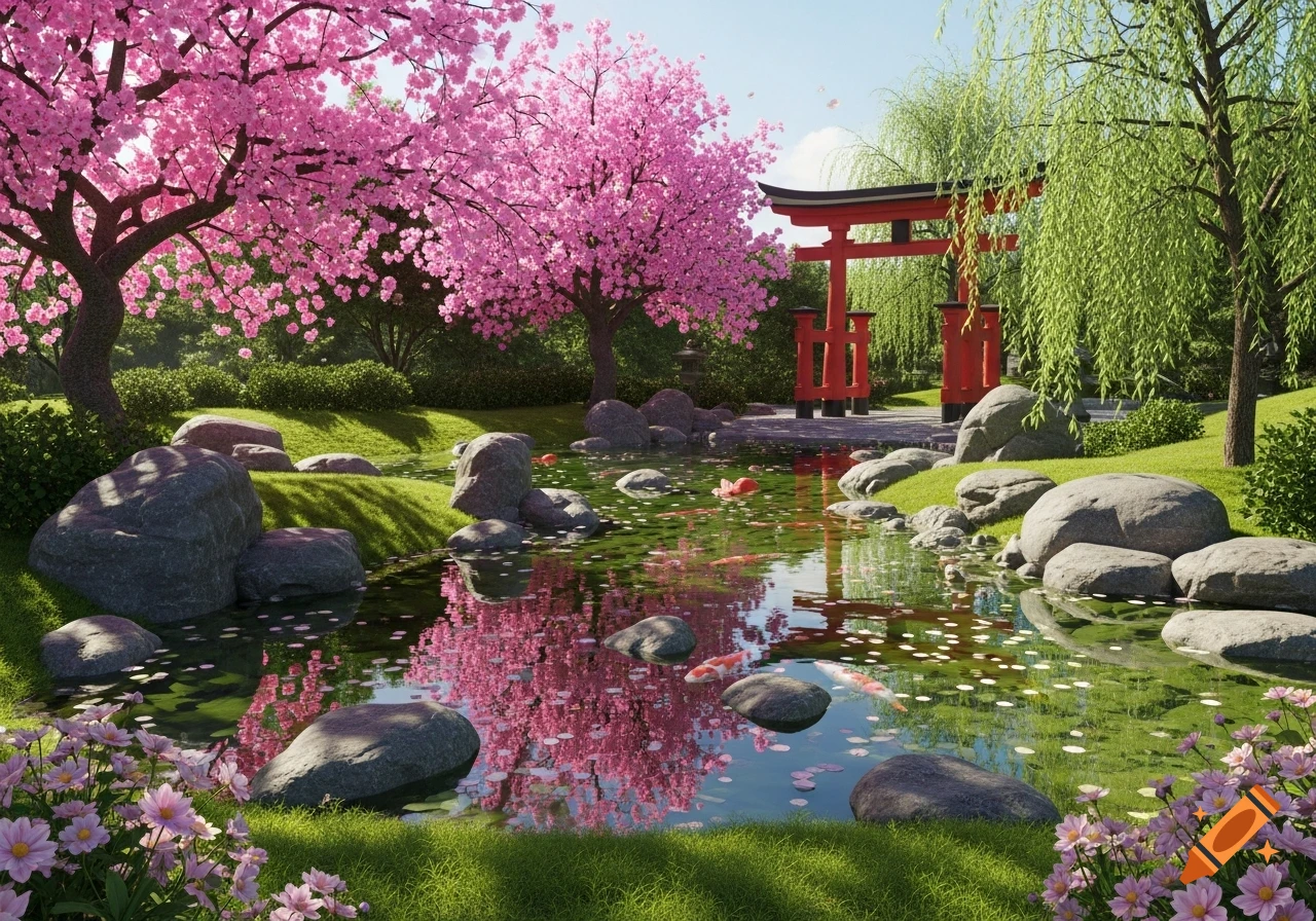 A vibrant Japanese garden scene with pink cherry blossom trees, a pond reflecting the blossoms, koi fish, rocks, and a red torii gate.