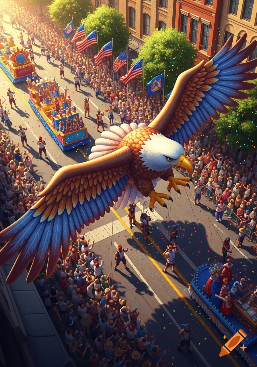 A vibrant aerial view of a parade featuring a giant inflatable bald eagle soaring above floats and a cheering crowd. Confetti fills the air.
