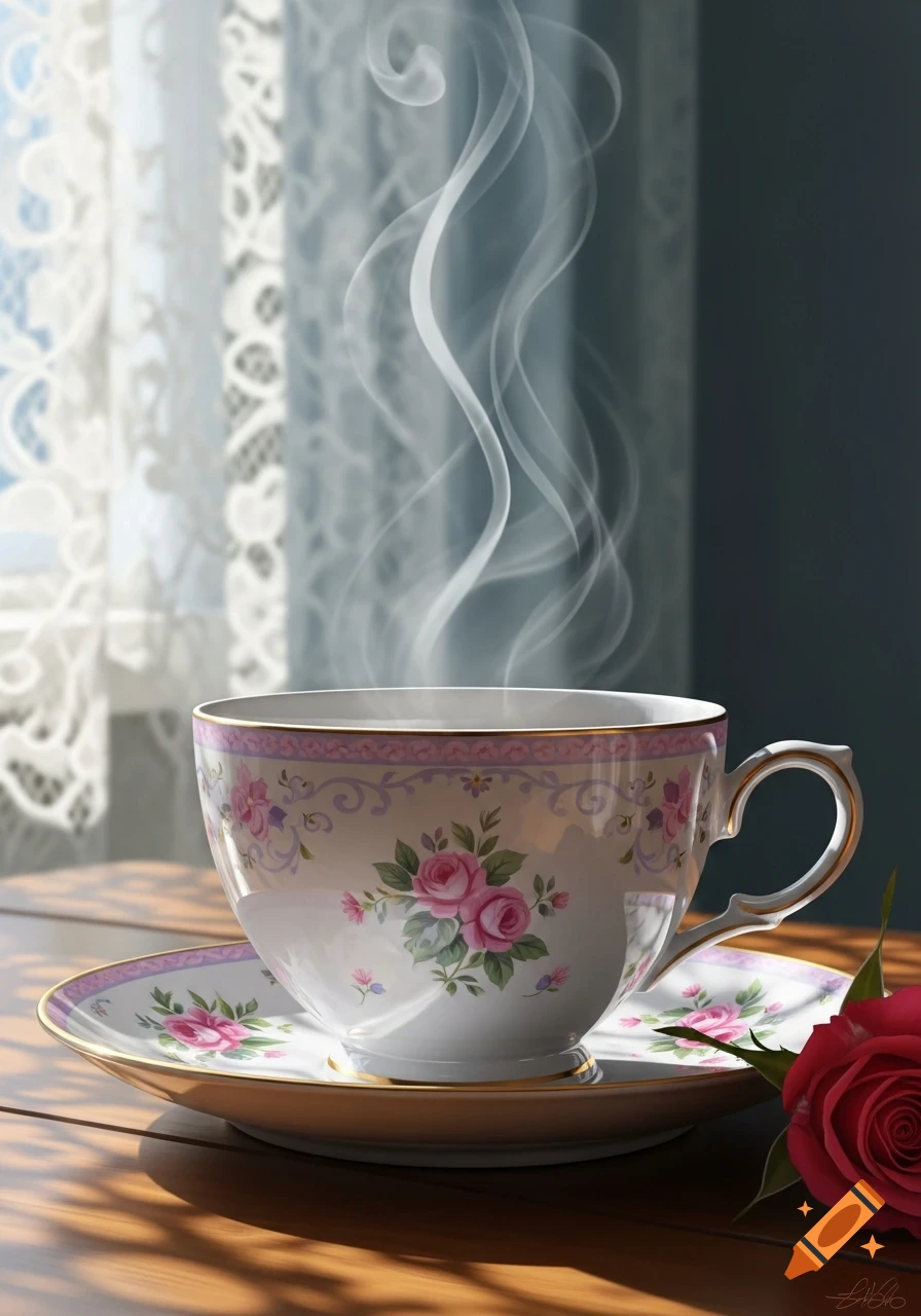 A steaming white teacup with pink floral patterns and a gold rim sits on a wooden table next to a red rose, by lace curtains. Digital art.