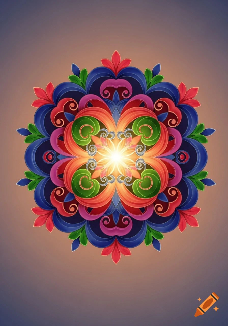 A vibrant, symmetrical mandala with a glowing center, featuring intricate floral and swirling patterns in red, green, blue, and purple on a soft brown gradient background.