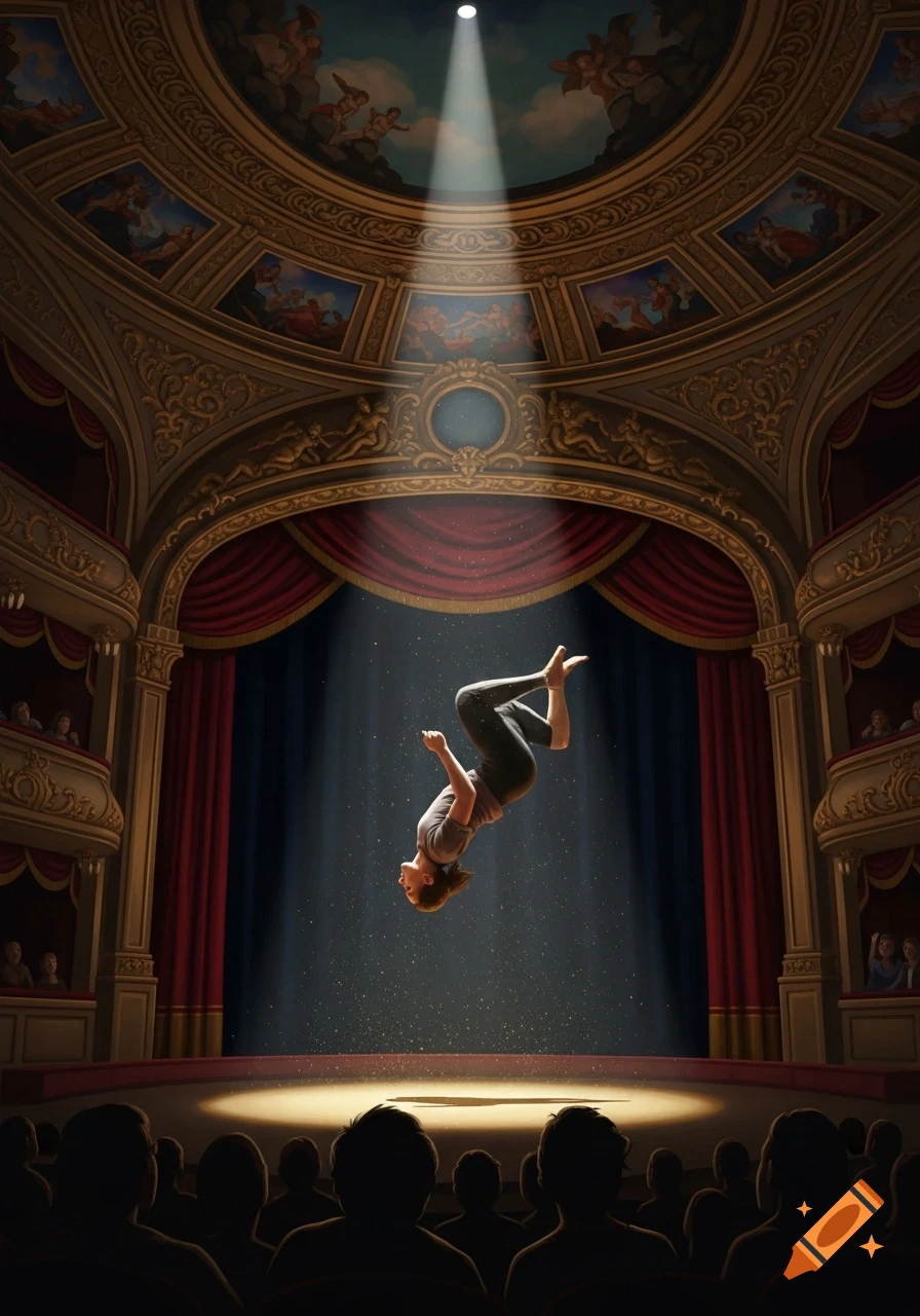A person mid-backflip on a stage under a spotlight in a grand, ornate theater with an audience.