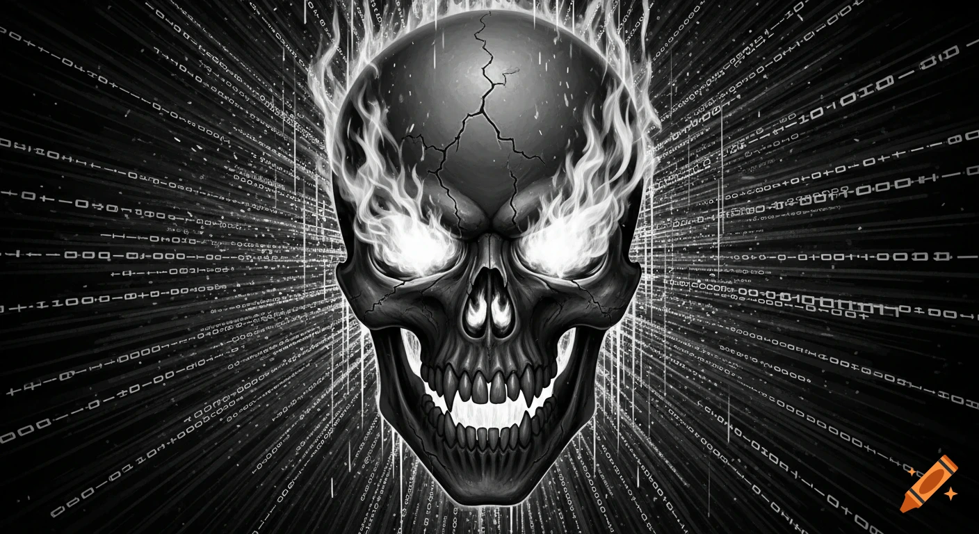 A flaming skull in shades of gray and black, emerging from a background of binary code, in a digital art style.