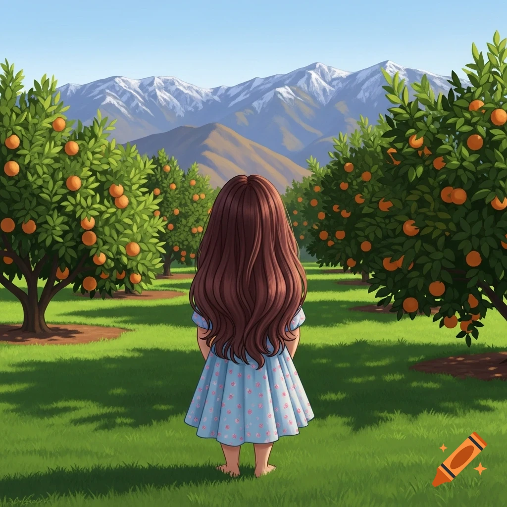 Illustrated view from behind of a person with long brown hair in a blue dress, standing in an orange grove with mountains.
