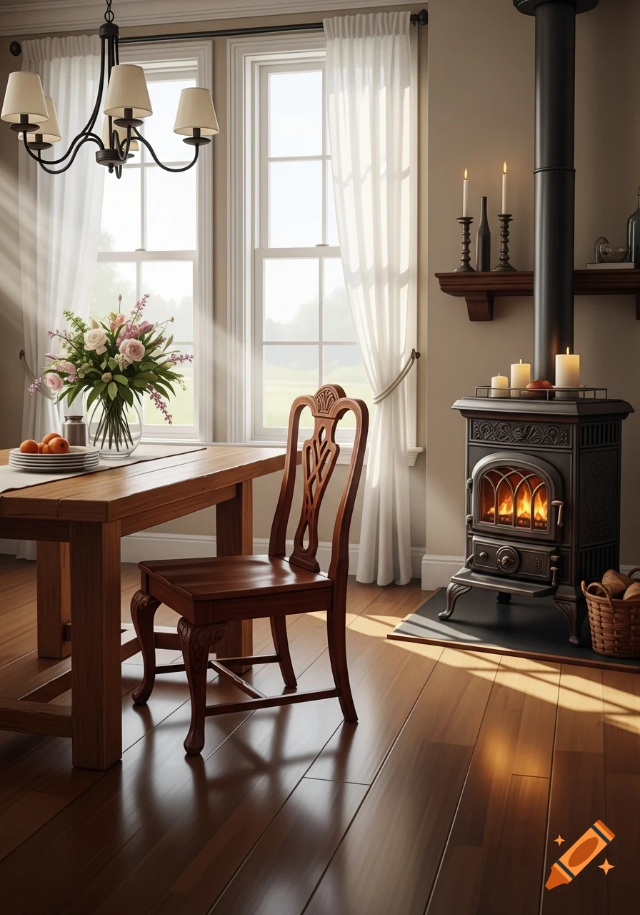 A bright, photorealistic dining room with a wooden table and chair, a wood-burning stove, and sunbeams through windows.