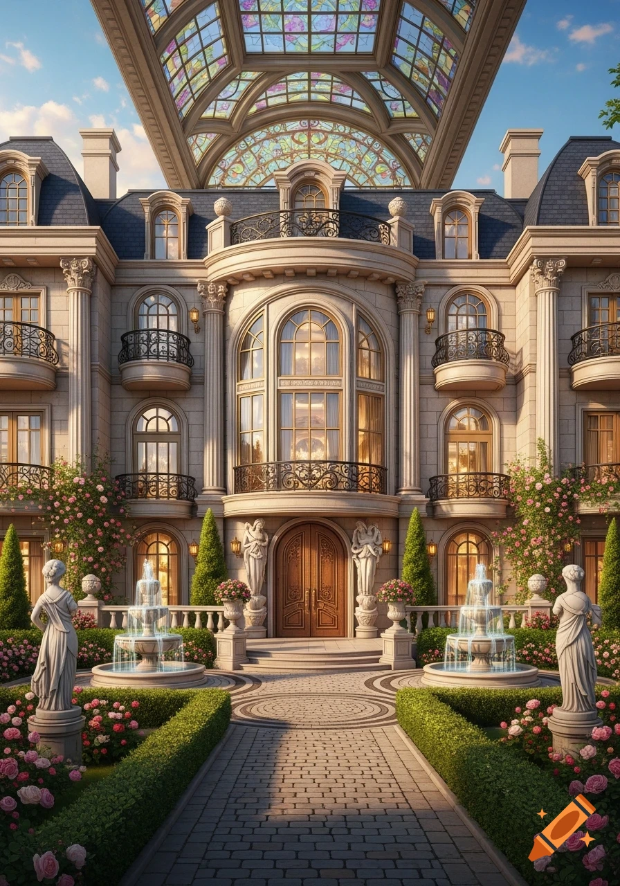 A grand, ornate mansion with a formal garden, two fountains, classical statues, and a large stained-glass skylight.