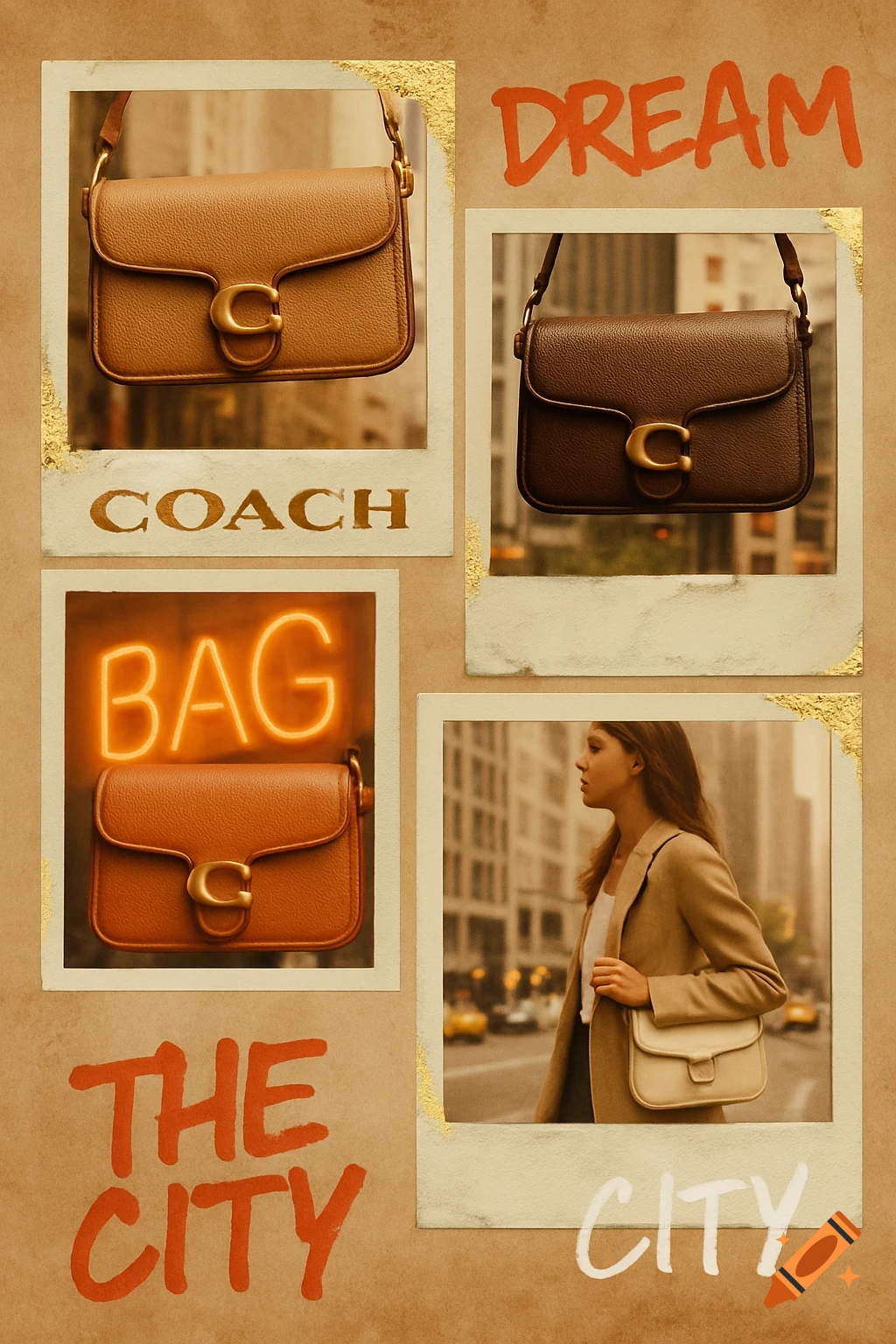 A collage of polaroid-style photos featuring Coach handbags in different colors, a woman walking in a city, and overlaying text including 'DREAM', 'COACH', 'BAG', 'THE CITY' against a textured brown background.