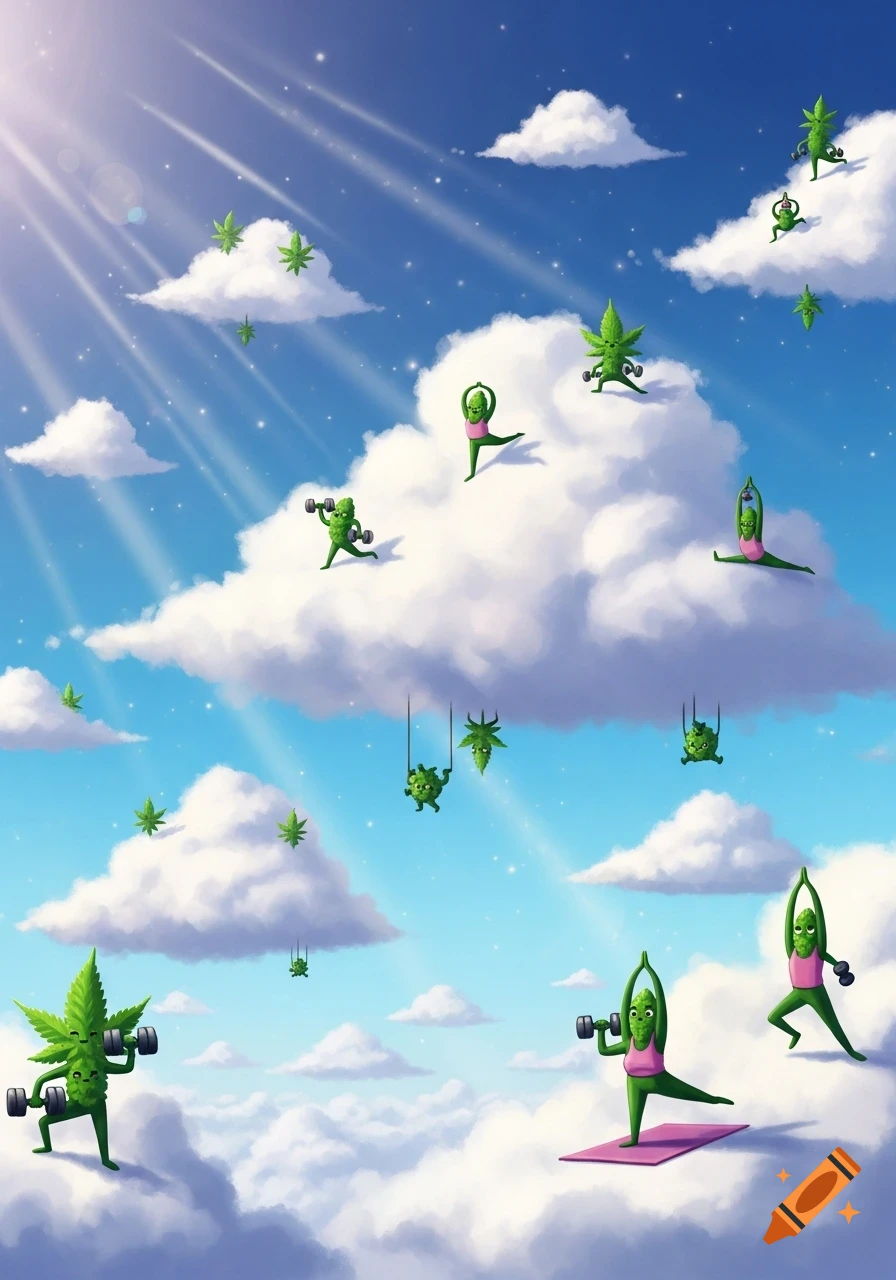 Cartoon cannabis buds with faces exercising on fluffy white clouds in a bright blue sky with sun rays.