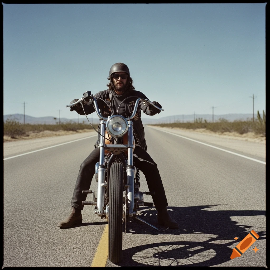 A man on a motorcycle on an empty desert road, wearing a helmet and sunglasses, in a vintage documentary style.