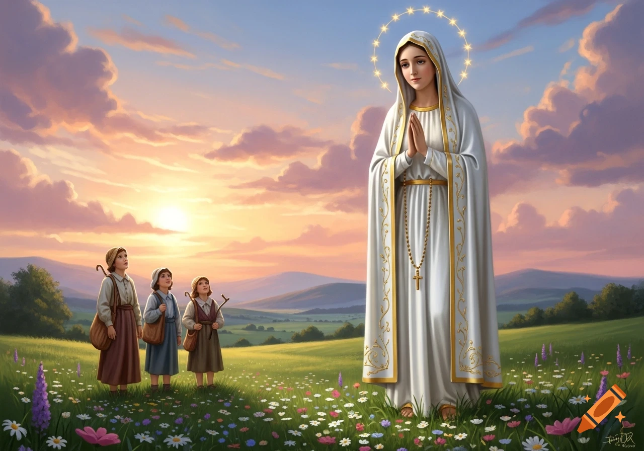 Our Lady of Fatima, with a halo and rosary, prays in a flower-filled field at sunset, as three children look up at her.