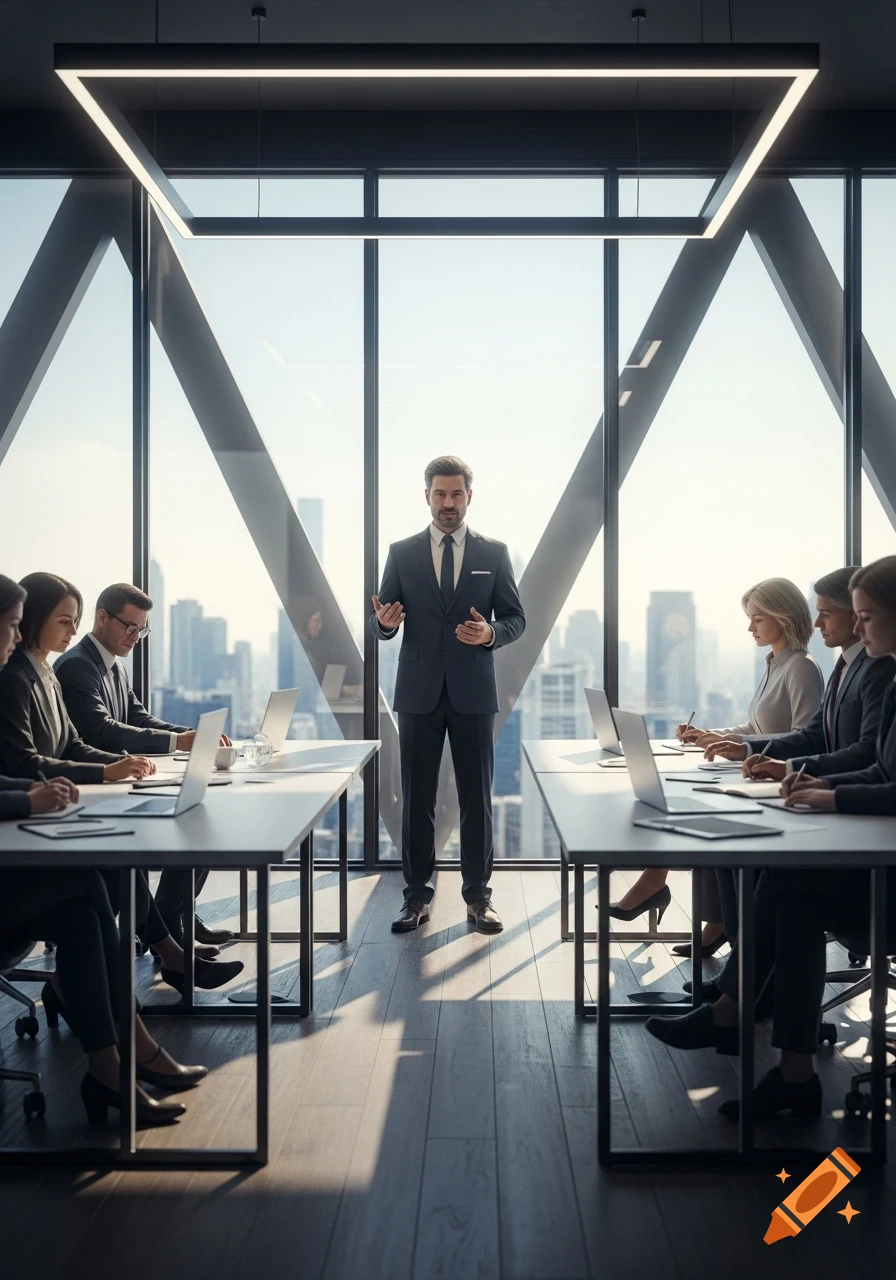 A confident business leader in a suit speaks to clients at a modern meeting room with city views.