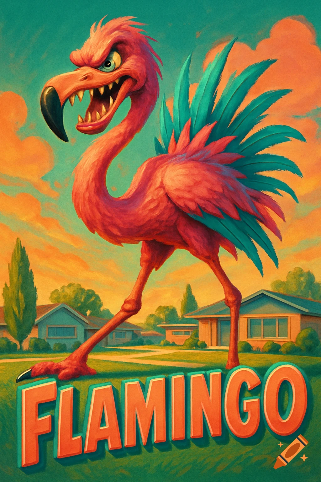 Angry cartoon flamingo monster in 1950s retro ad art, standing over a suburban scene with the word 'FLAMINGO'.