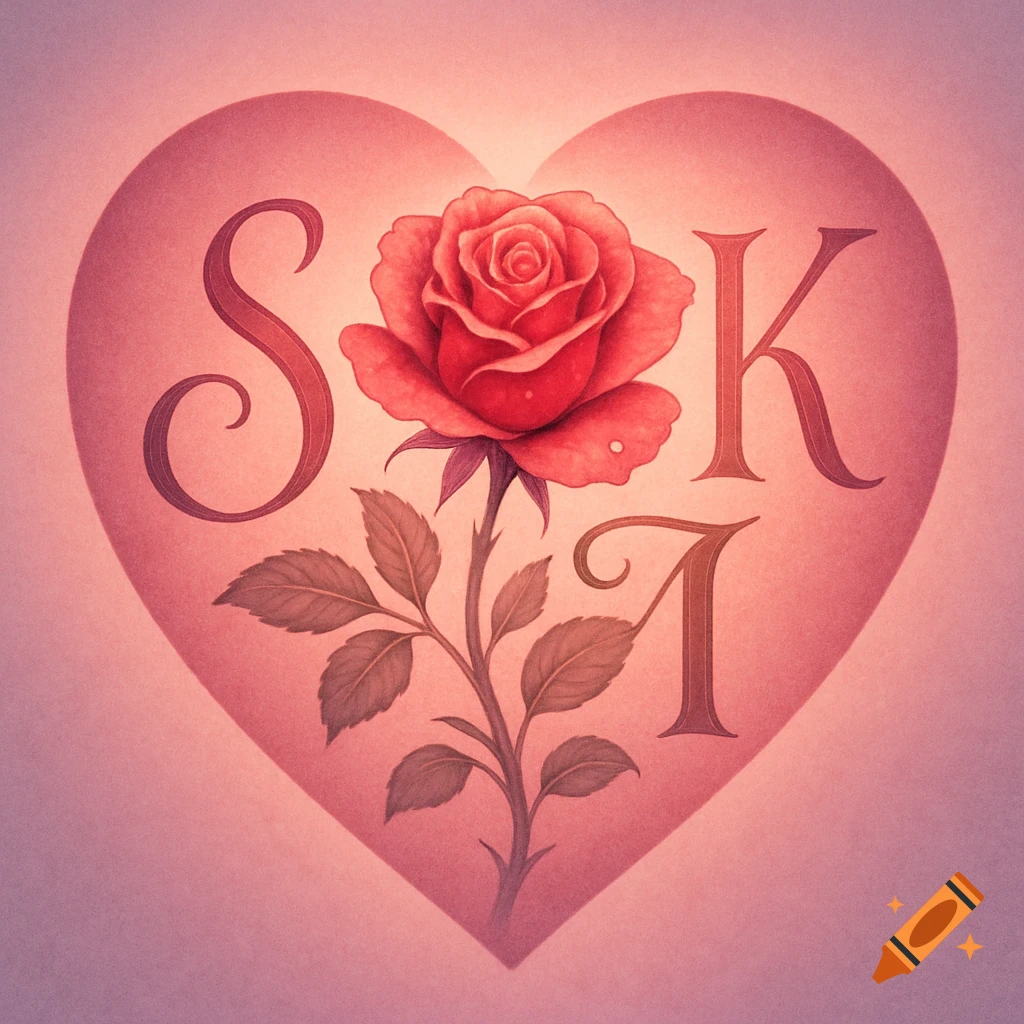 A stylized pink heart with a vibrant red rose and the letters S, K, I in the center.