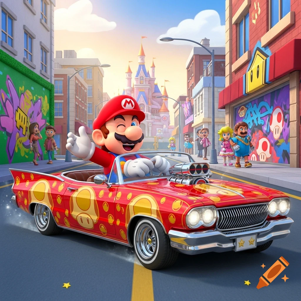 Super Mario winking and giving a thumbs up from a custom red lowrider car with mushroom patterns, driving through a colorful cartoon city street with a castle in the background.