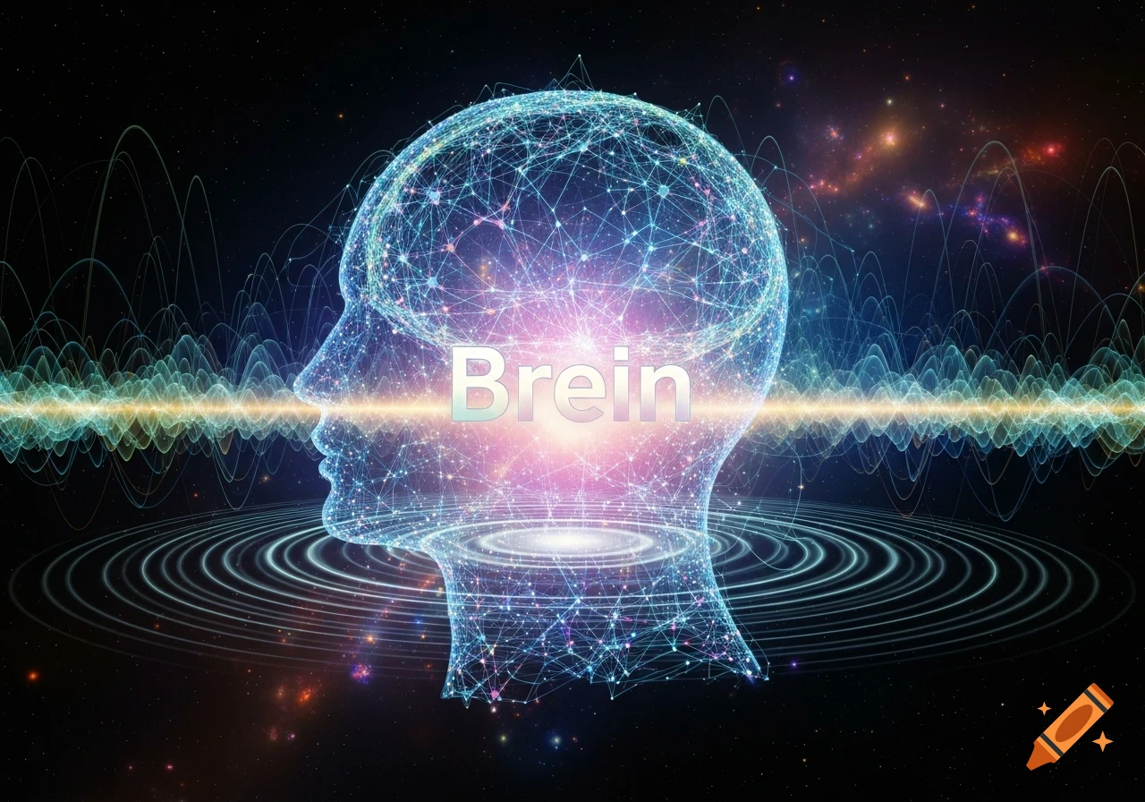 Abstract glowing human head outline with neural networks and the word 'Brein', against a dark space background with energy waves.