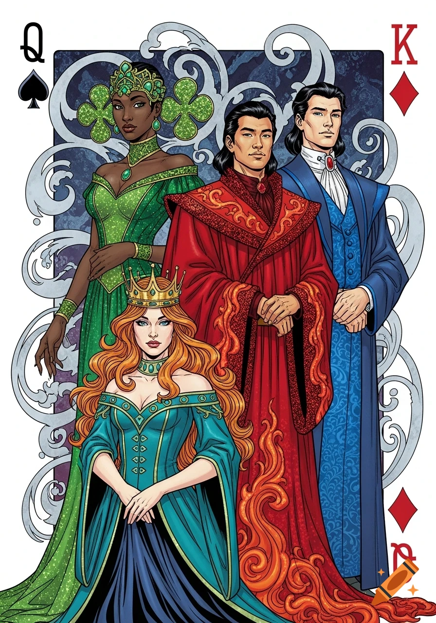 Comic book style art of four diverse fantasy characters arranged like playing cards. A white queen with orange hair and crown sits in front. Behind her are a Black queen with green clovers, an Asian king in red, and another Asian king in blue. Card symbols Q-spades, K-diamonds, and Q-diamonds are visible.