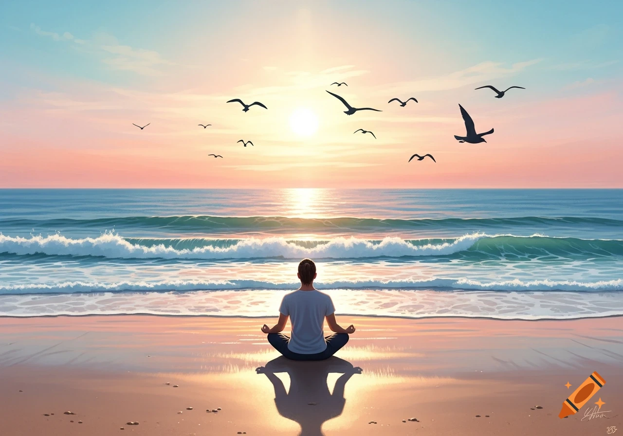 Person meditating on a beach at sunset, facing the ocean with waves and birds flying in a pastel sky. Digital art.