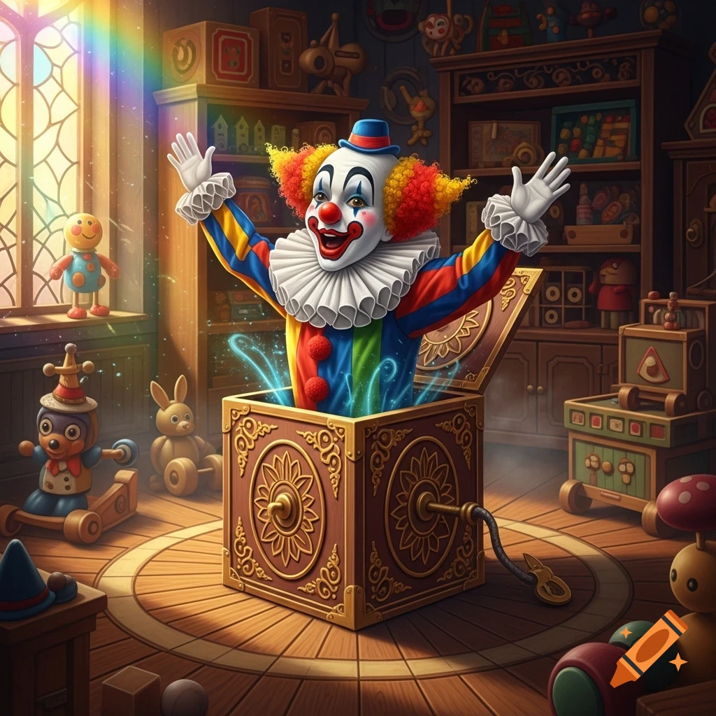 A colorful clown emerges from a decorative wooden jack-in-the-box in a magical toy-filled room with a rainbow.