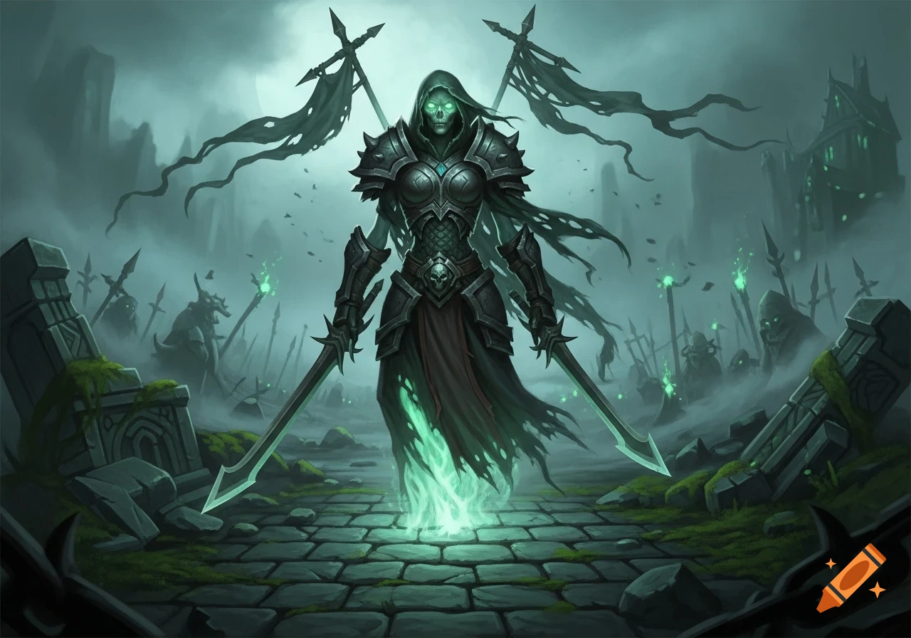 An undead female warrior in dark armor with glowing green eyes and ghostly green energy, holding two swords in a misty graveyard with skeletal figures.
