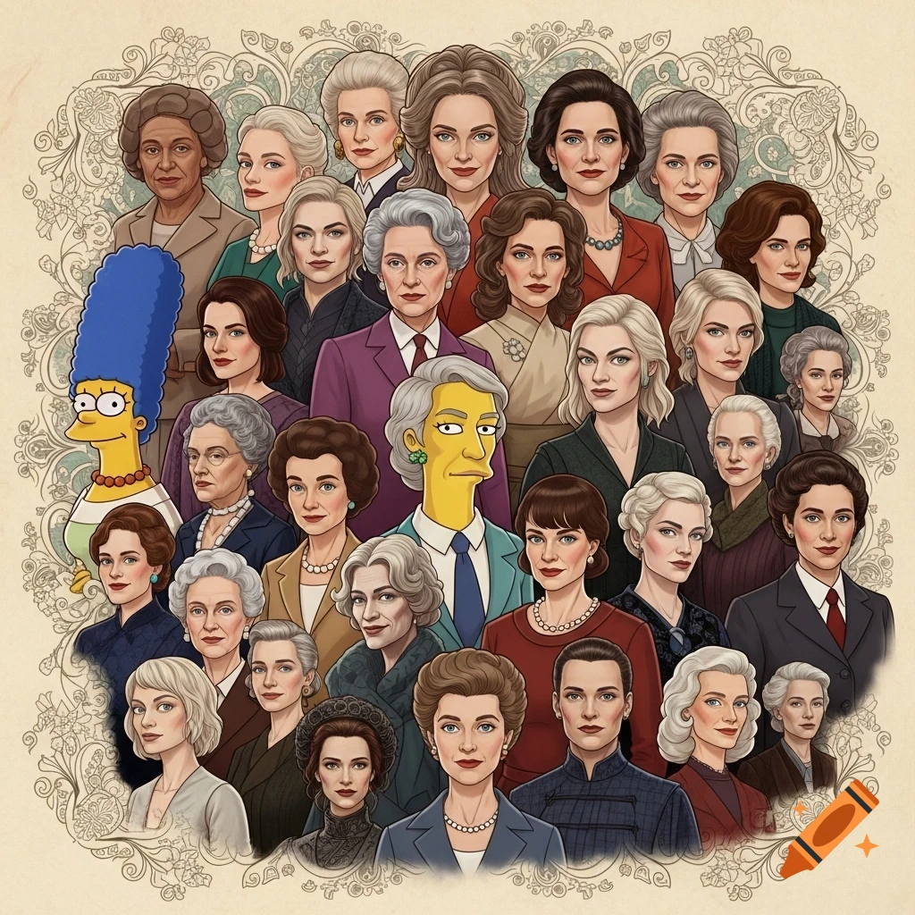 An illustration depicting a large group of stylized women, including Marge and Patty or Selma Bouvier from The Simpsons, against an ornate background.