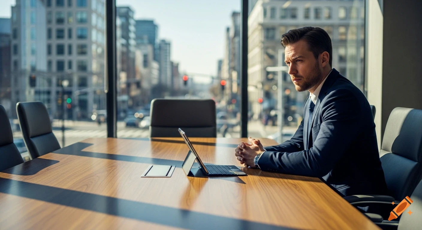 A pensive businessman in a suit sits at a large conference table in a modern office overlooking a city street.