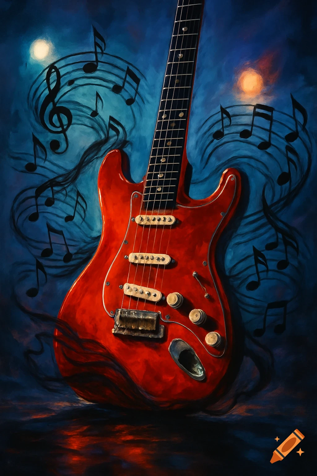 A red electric guitar with a black fretboard and white pickups against a painterly blue background adorned with black musical notes and two glowing spheres.