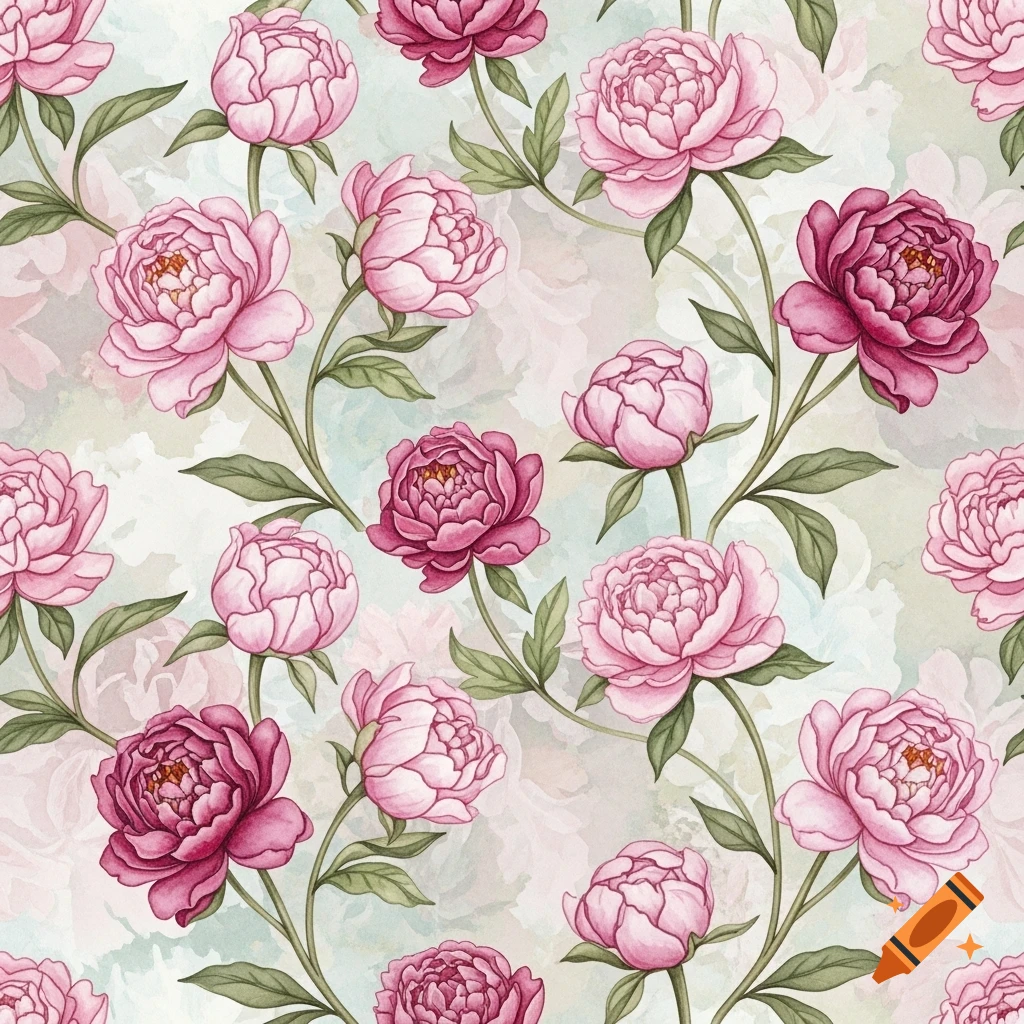 Seamless watercolor pattern of pink peonies with green vines on a soft, mottled background.