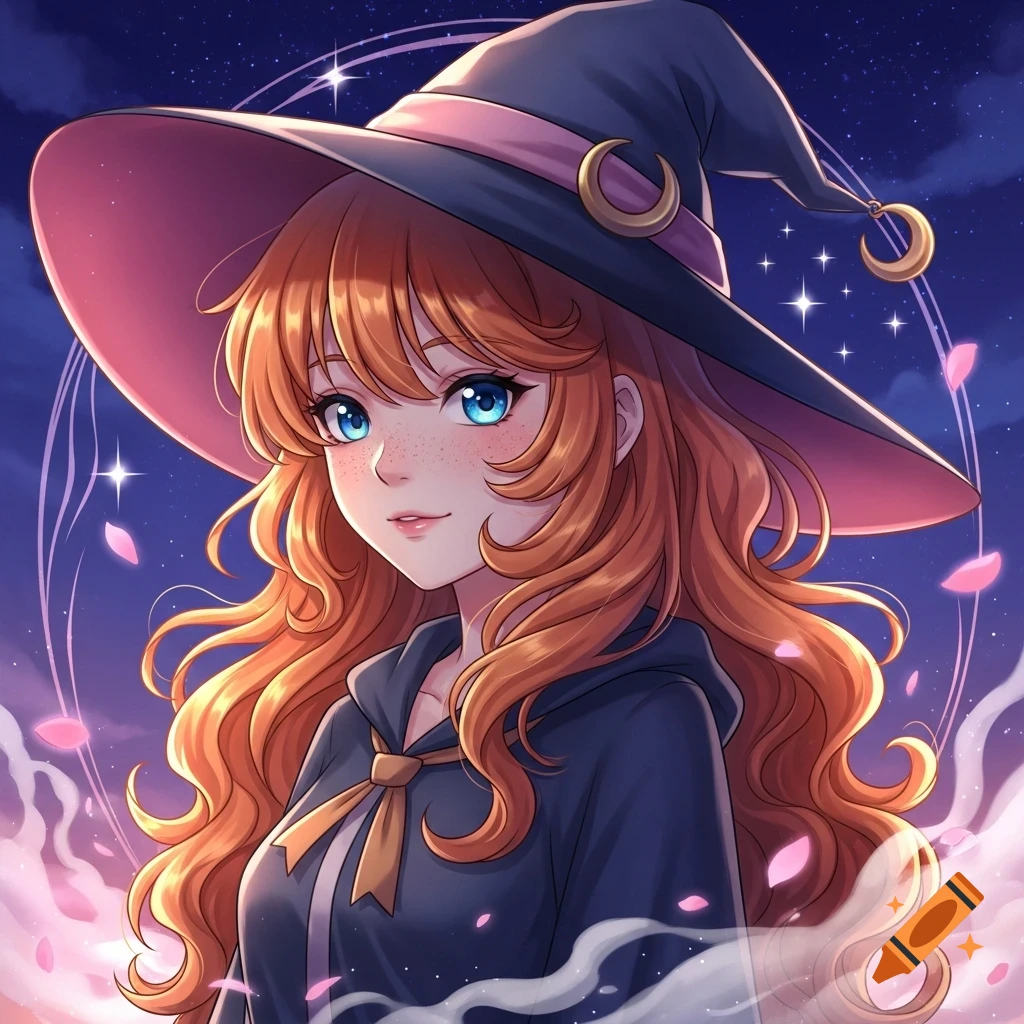 An anime witch with long curly orange hair, blue eyes, and freckles, wearing a dark blue hoodie and a witch hat with a pink brim, against a starry night sky with pink clouds.