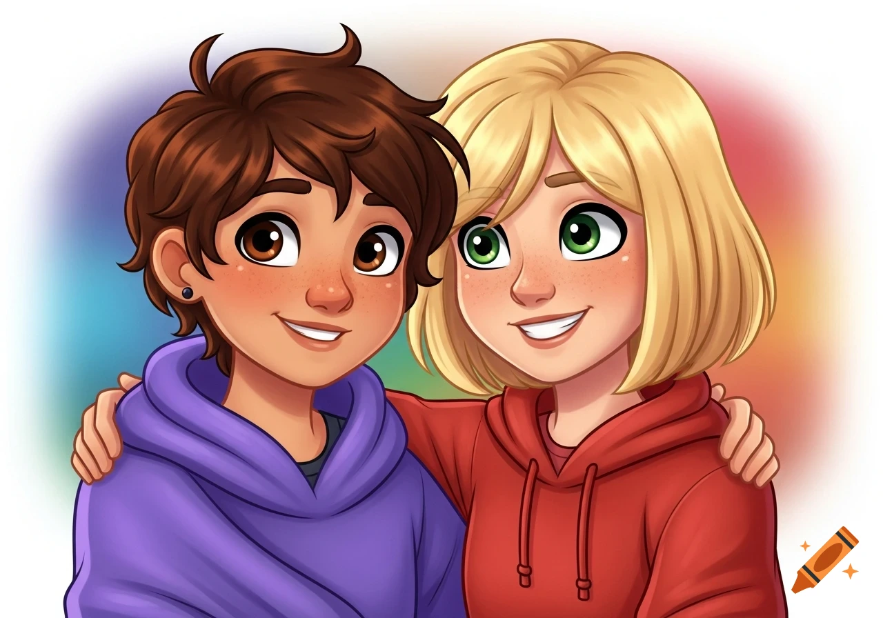 Two Disney-style cartoon friends, one with brown hair in a purple hoodie, the other with blonde hair in a red hoodie, smiling with arms around each other.