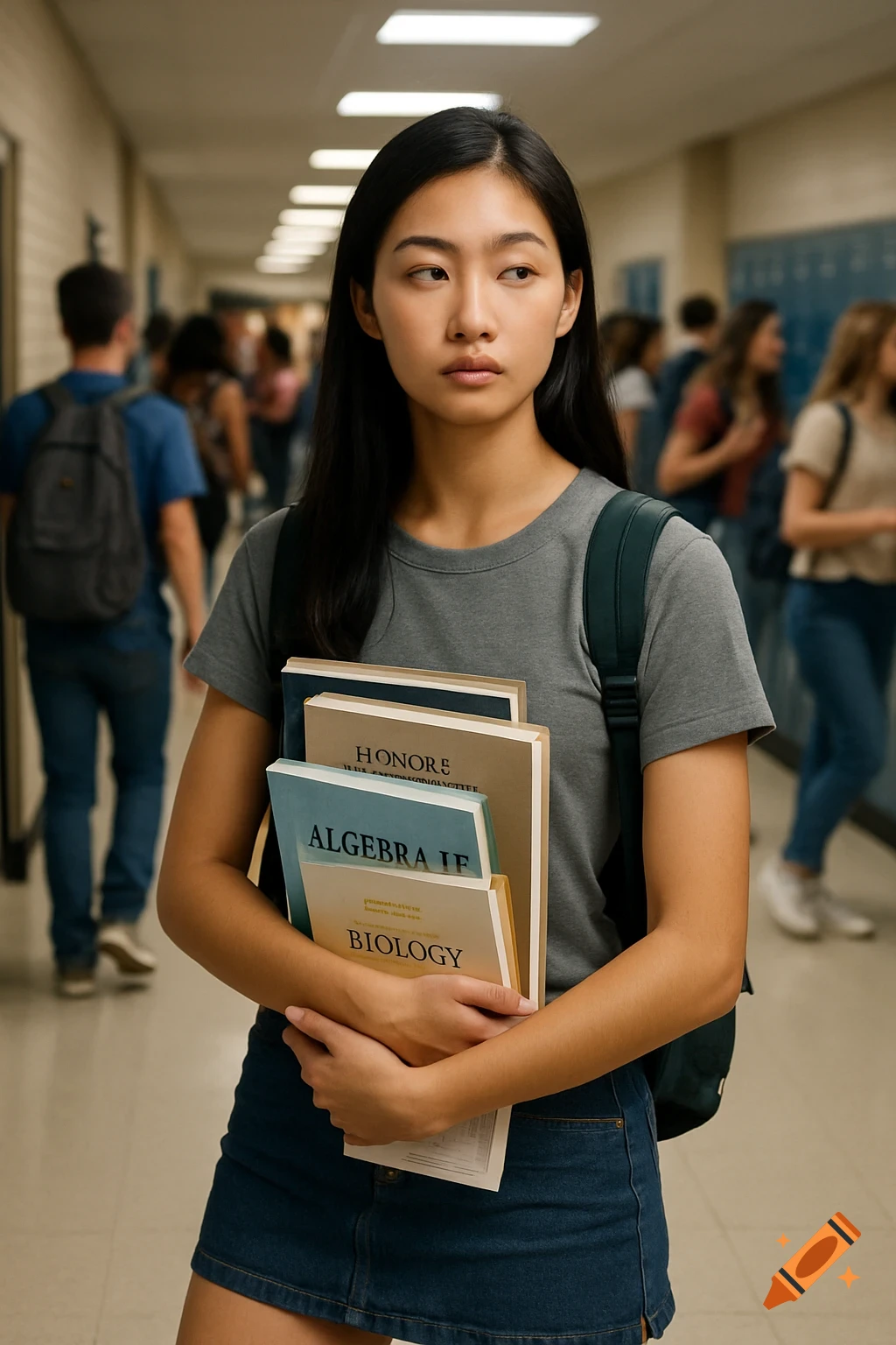 Young Asian woman in a school hallway, holding textbooks and wearing a backpack. Photorealistic.