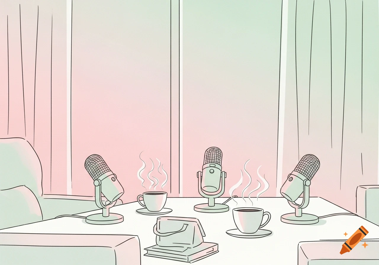 Soft pastel illustration of a minimalist podcast setup with three microphones, two steaming coffee cups, and a book on a table.