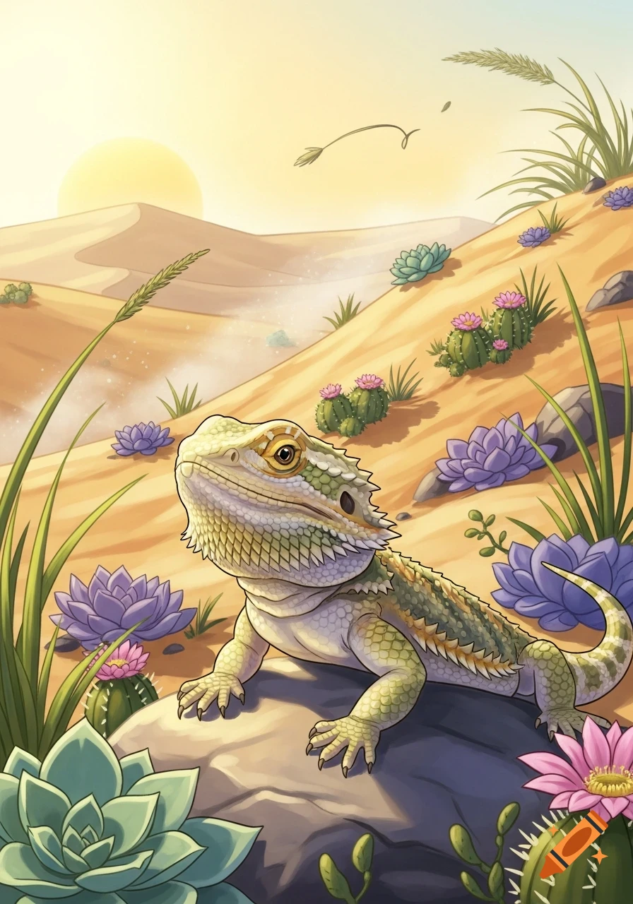 Illustration of a cute bearded dragon on a rock in a sunny desert landscape with purple succulents and cacti.