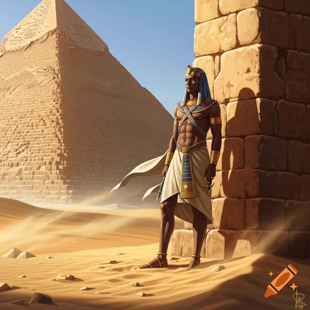 A muscular Egyptian pharaoh in gold and blue attire stands confidently in a desert landscape with a pyramid and stone block.