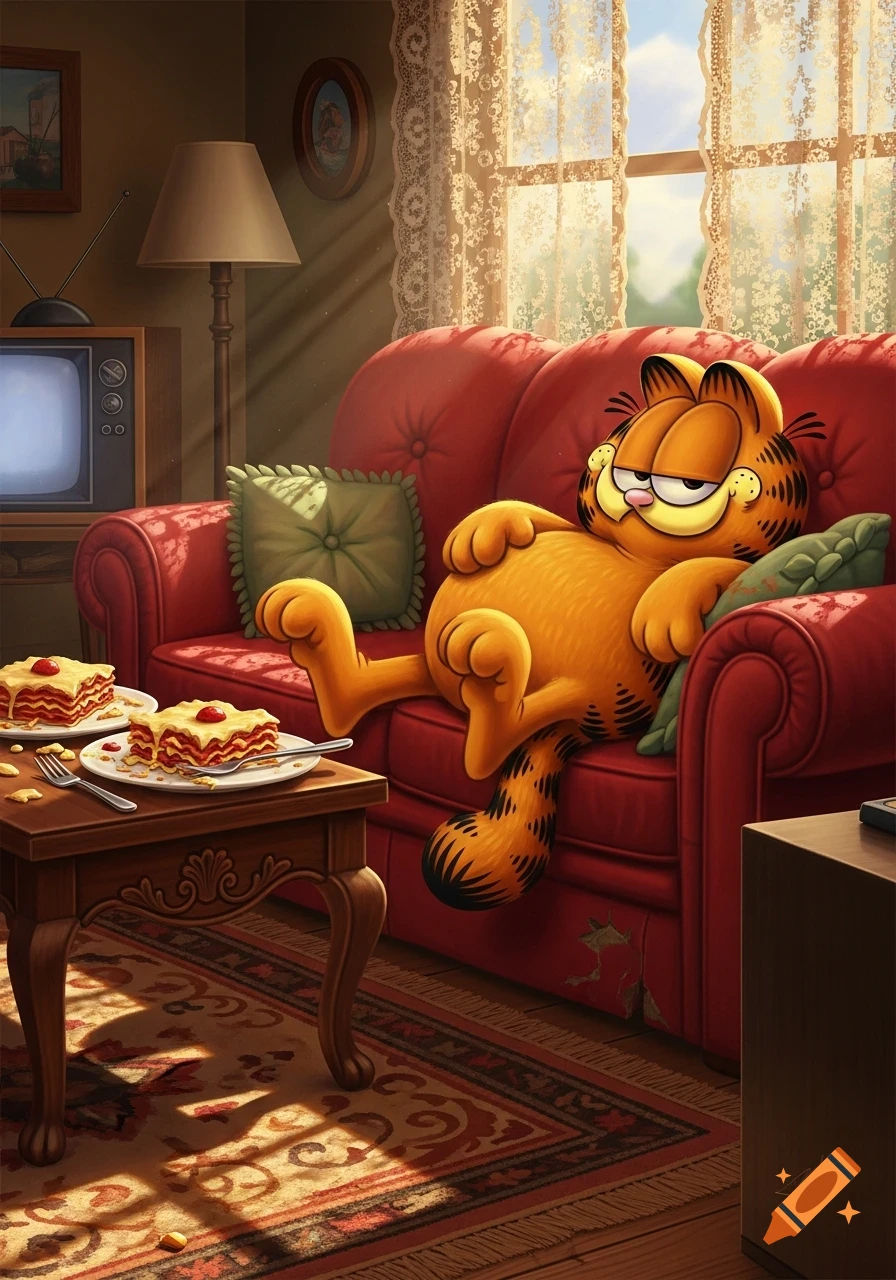 Garfield the orange cat relaxes on a red couch with two plates of lasagna on a nearby table, sunlight streaming through a window.