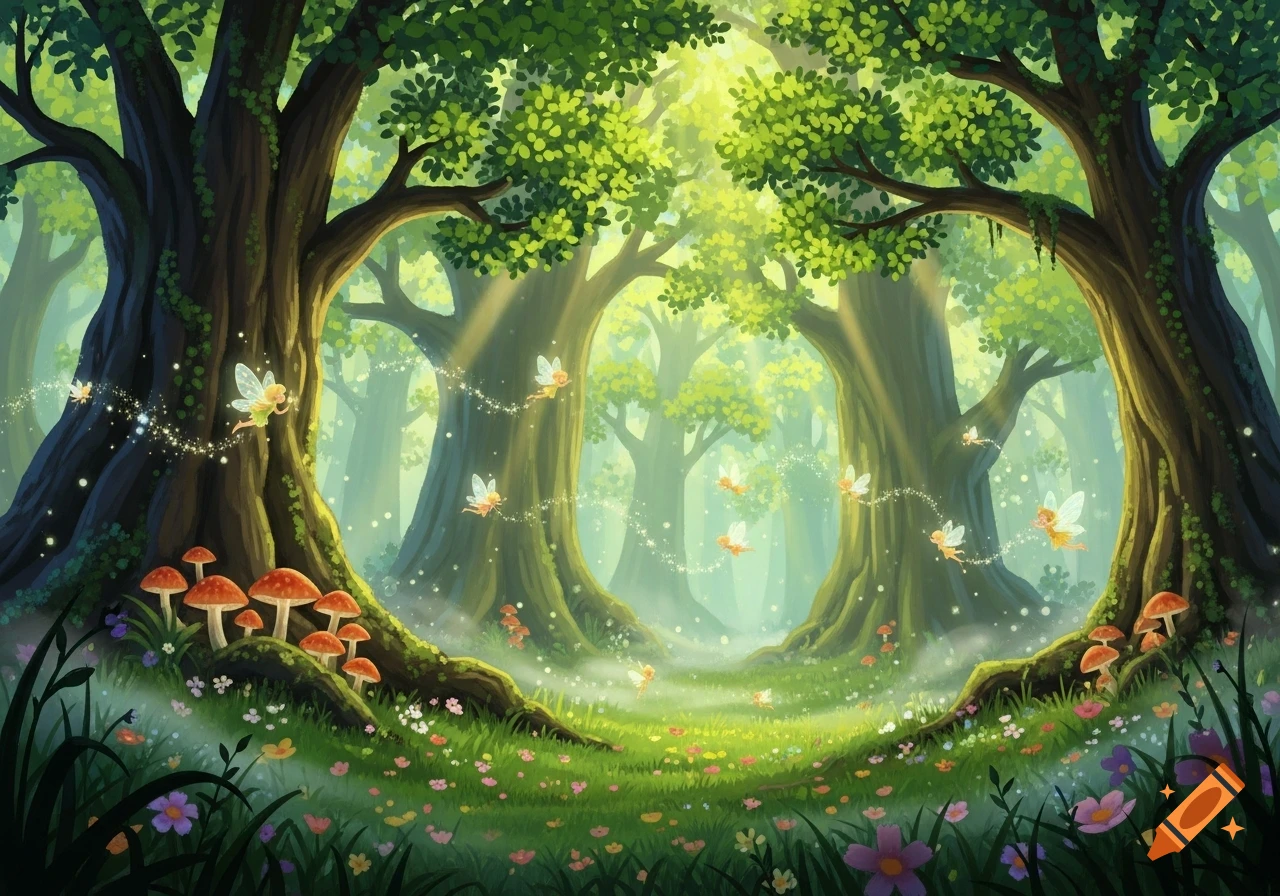A vibrant, illustrated magical forest clearing with towering trees, sun rays, red mushrooms, and small fairies flying with sparkling trails.