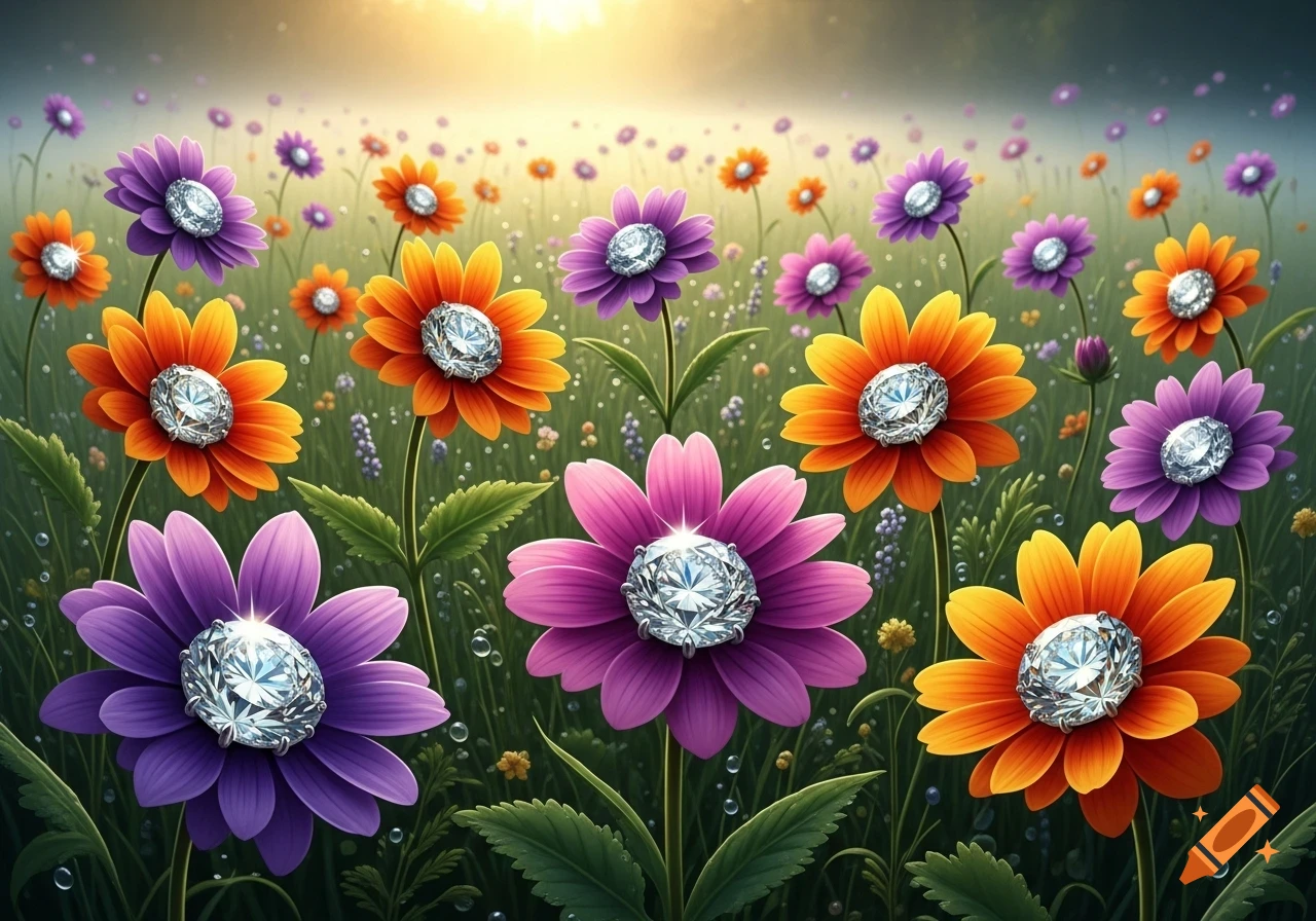 A vibrant field of orange, purple, and pink flowers, each with a sparkling diamond at its center, under a sunny sky.