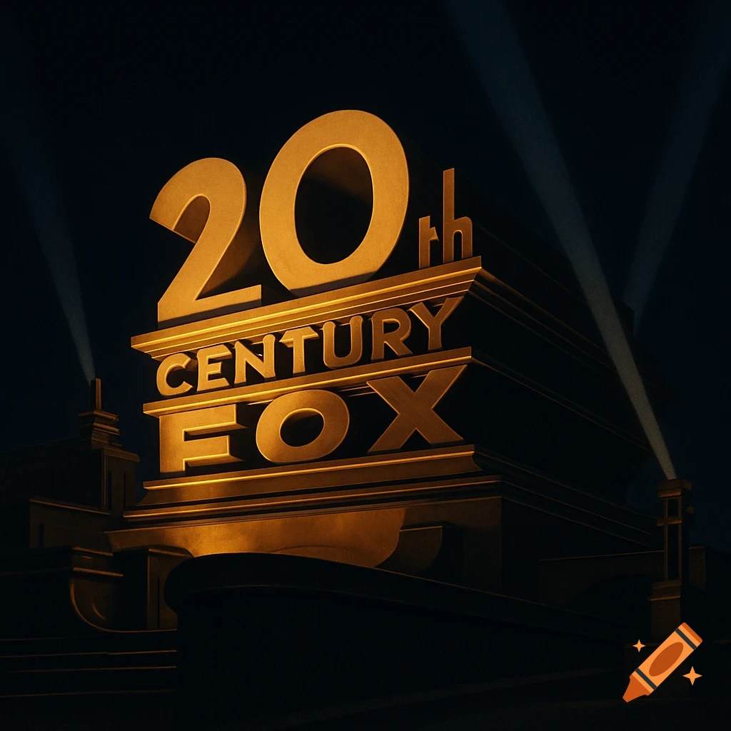 The iconic 20th Century Fox logo, a golden structure with bold text illuminated by spotlights in the dark.