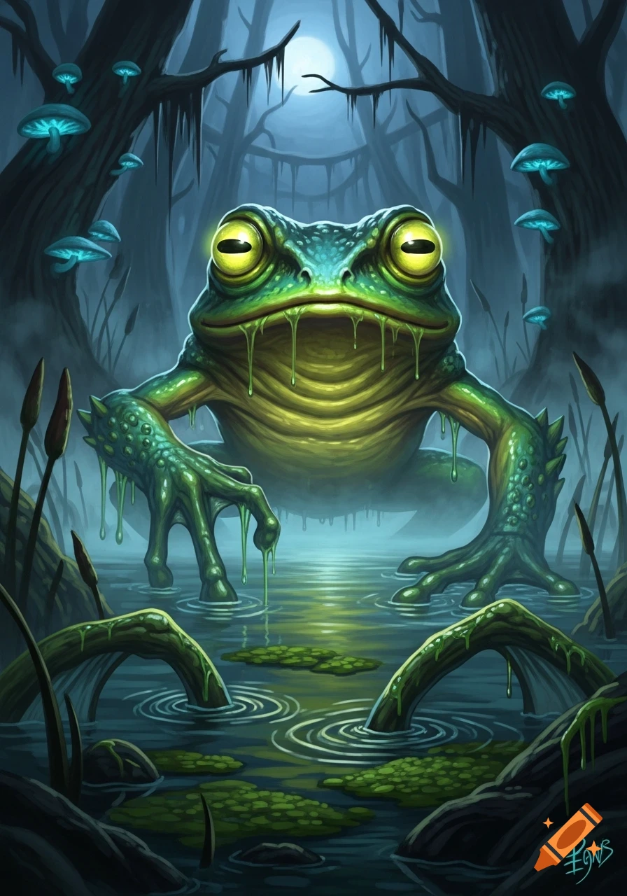 A green, slimy frog monster with large yellow eyes stands in a dark swamp with glowing blue mushrooms. Stylized art.